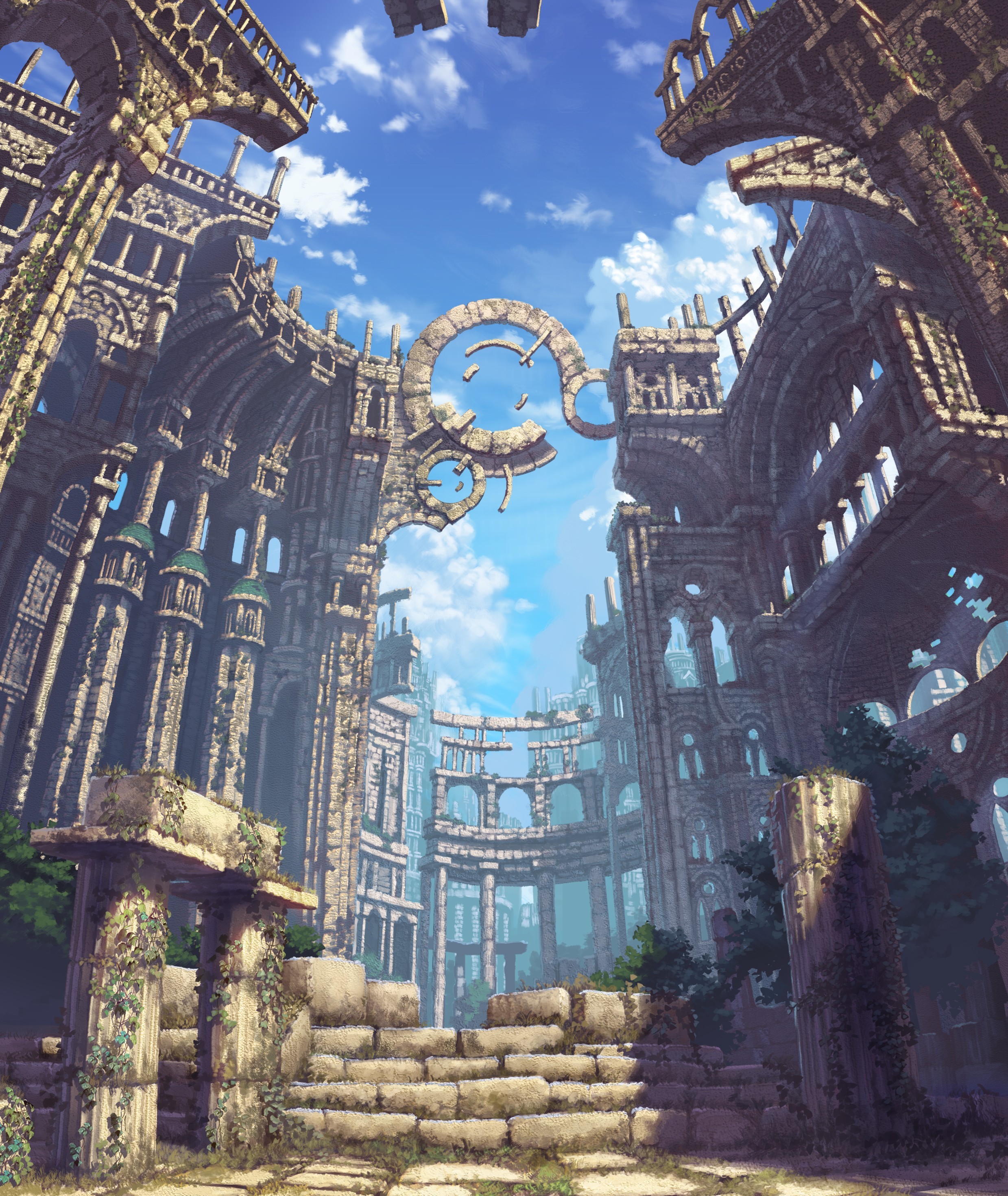 Ancient ruins with stone arches and staircases HD Wallpaper