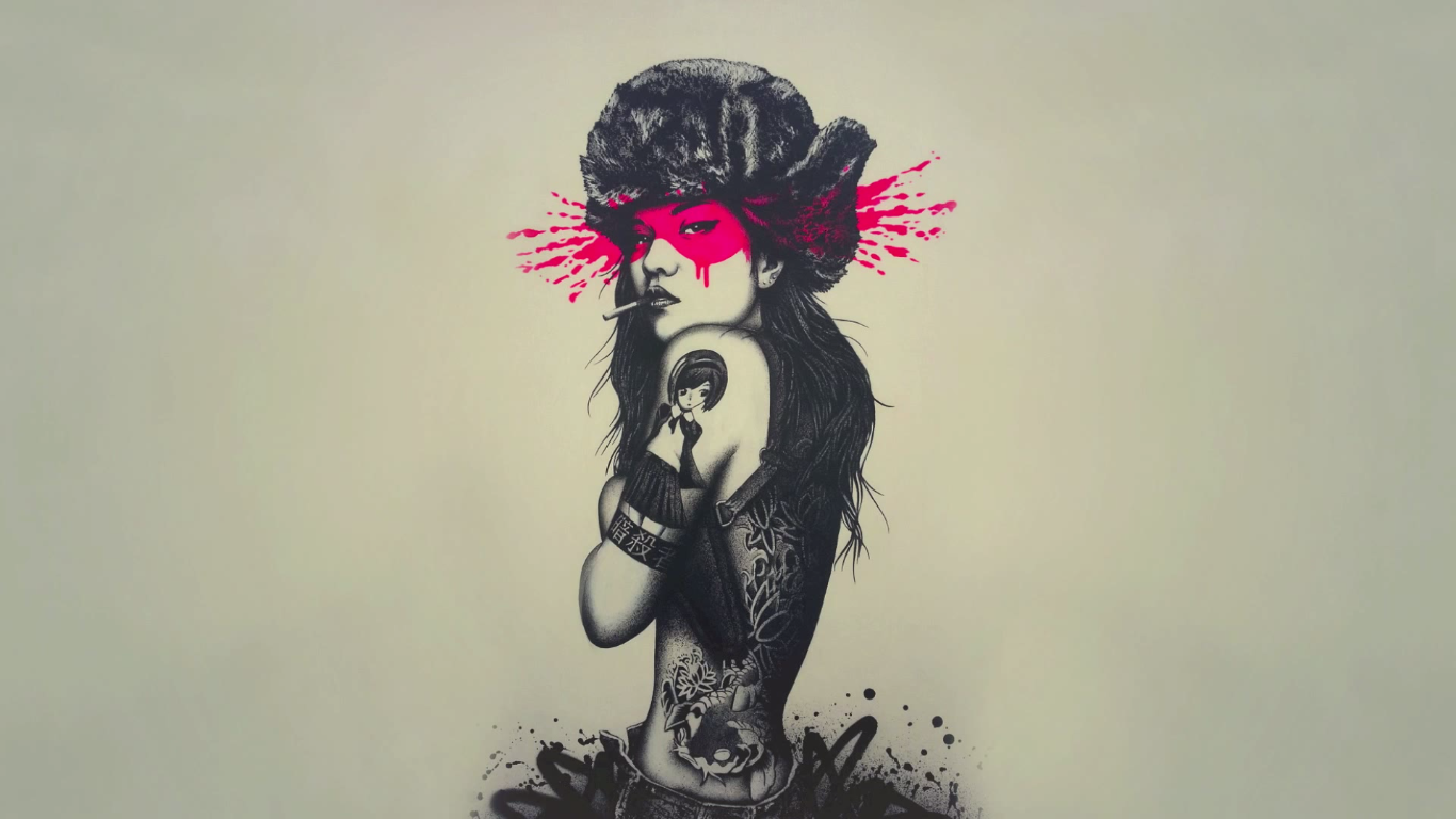 Fin Dac drawing of a tattooed woman with a fur hat HD Wallpaper
