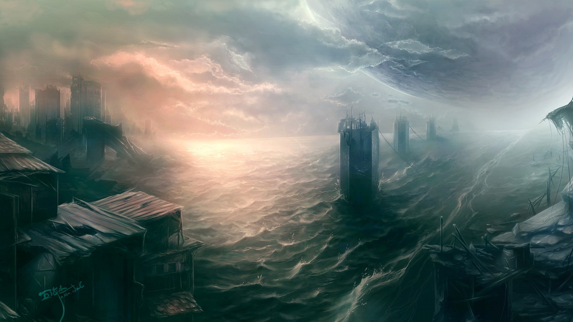 Apocalyptic fantasy art of a flooded city HD Wallpaper