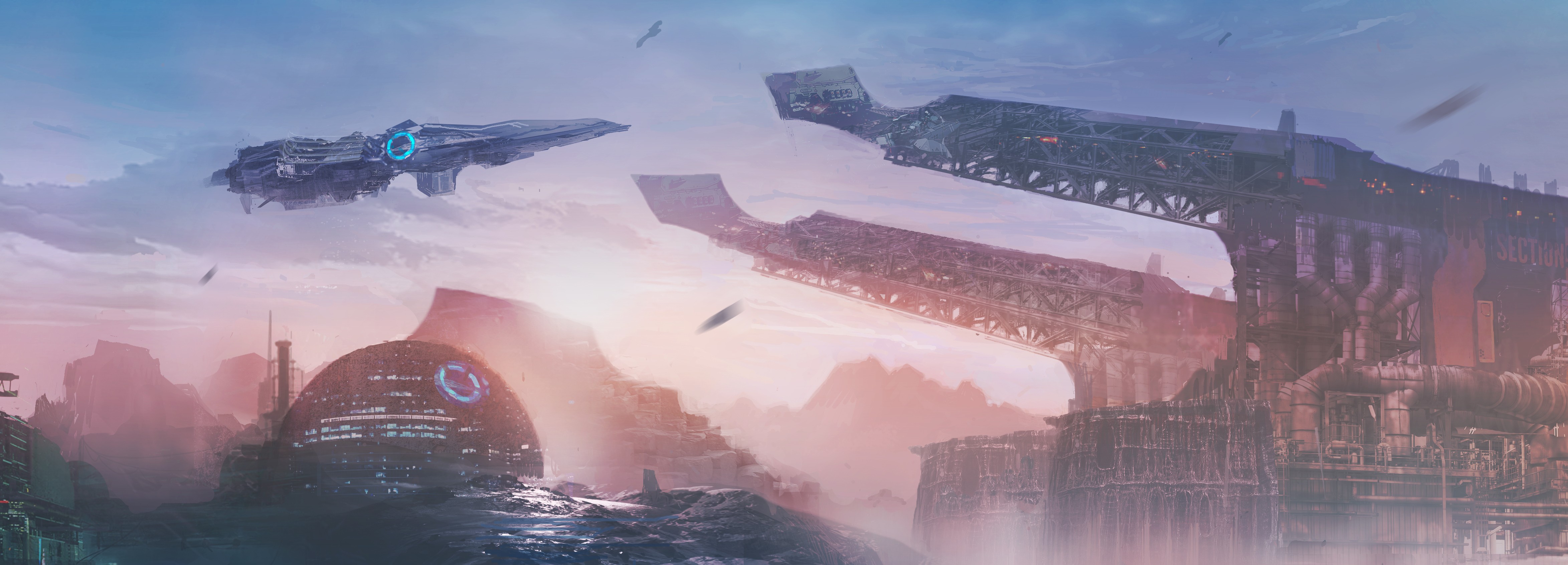 Science fiction artwork of futuristic city and spacecraft HD Wallpaper