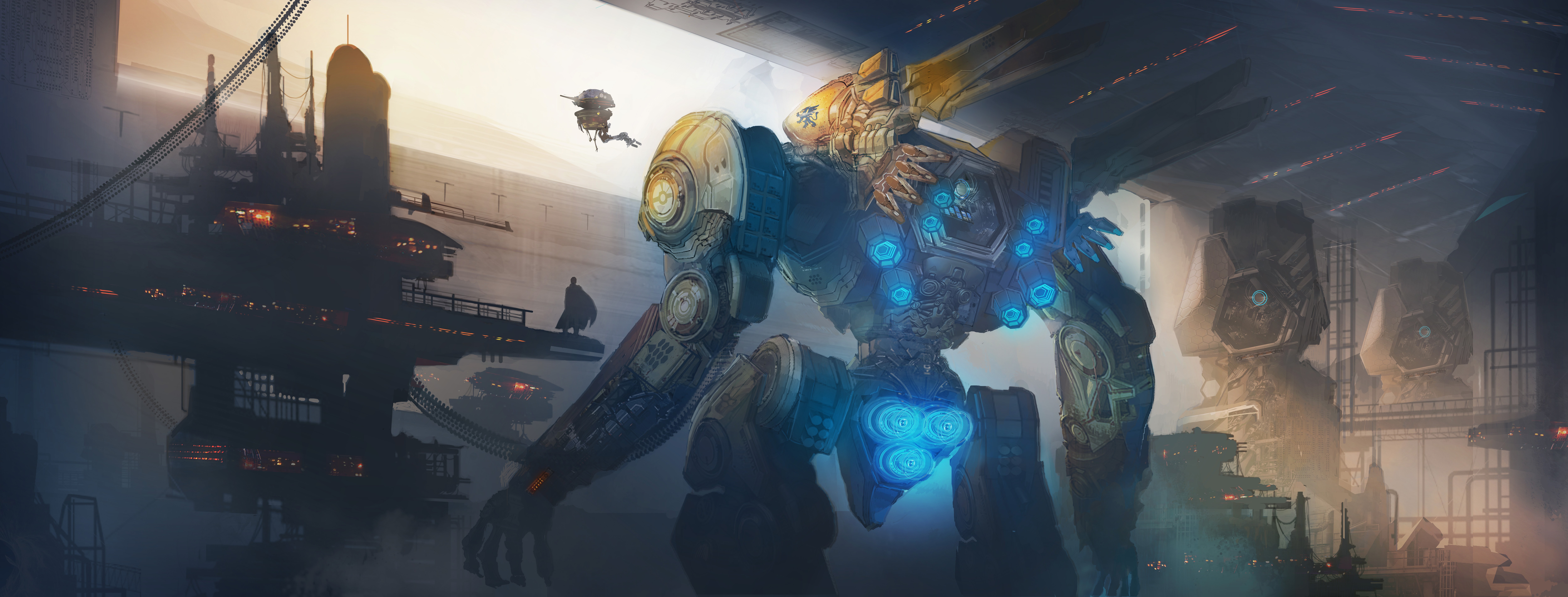 Giant robot in a futuristic industrial city HD Wallpaper