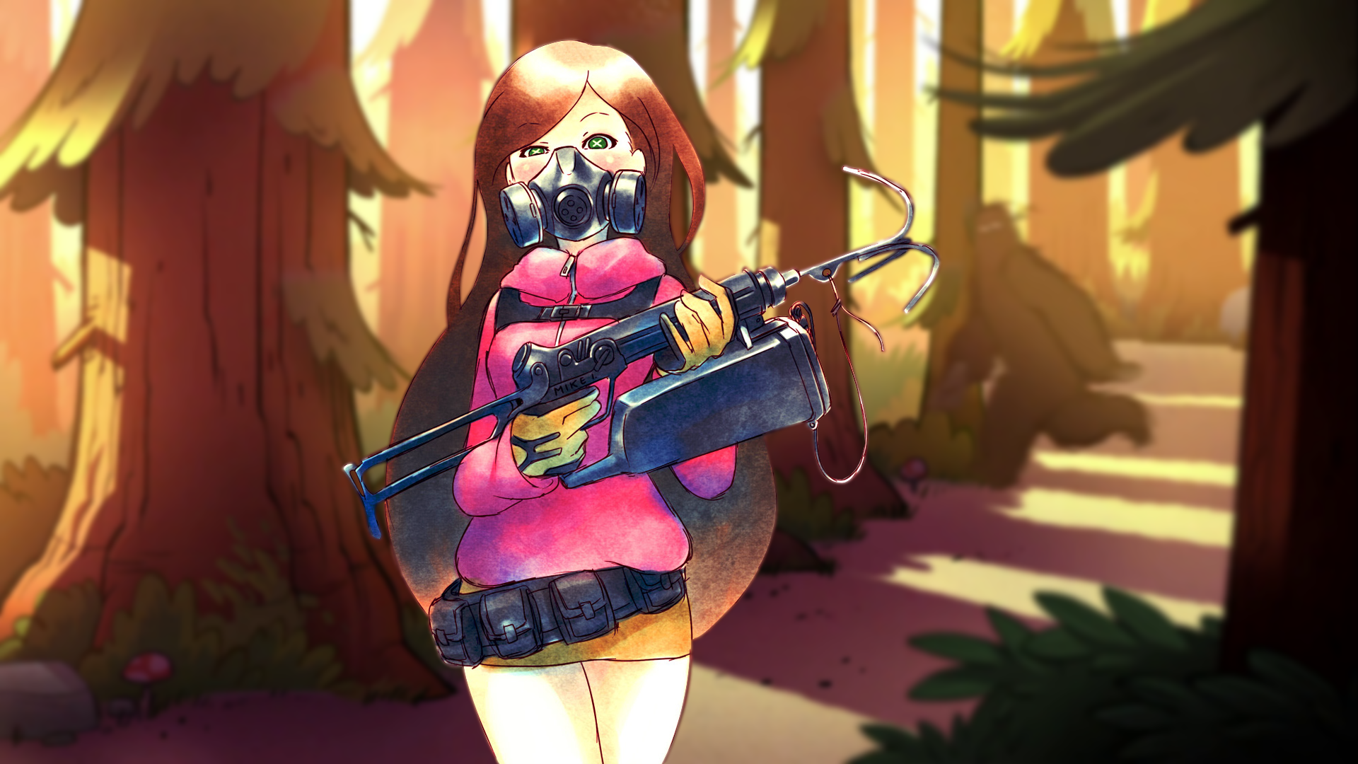Mabel Pines with a weapon in Gravity Falls forest HD Wallpaper