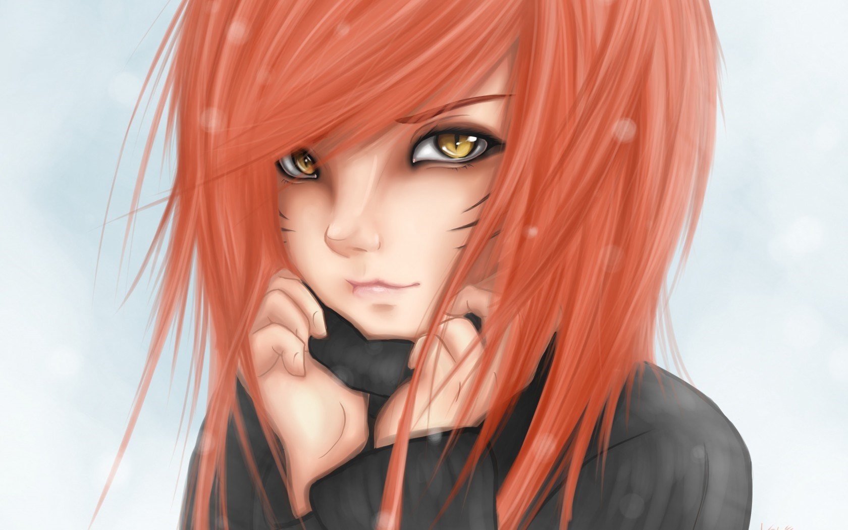 Anime girl with orange hair and yellow eyes HD Wallpaper