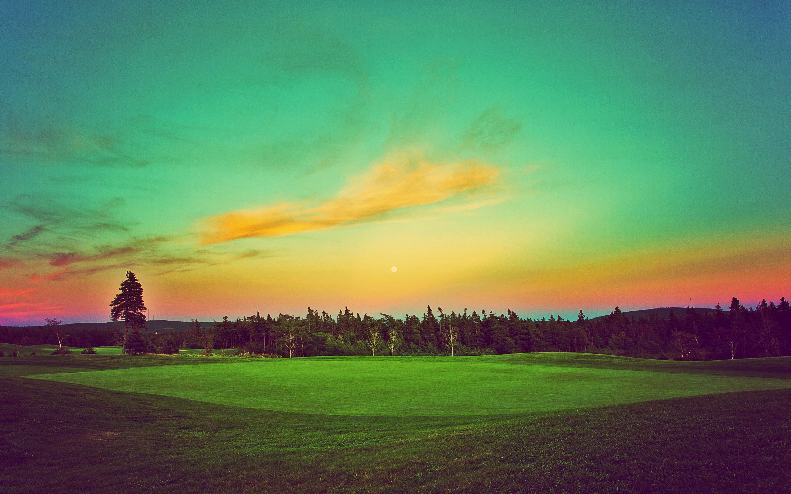 Golf course green at sunset with colorful sky HD Wallpaper