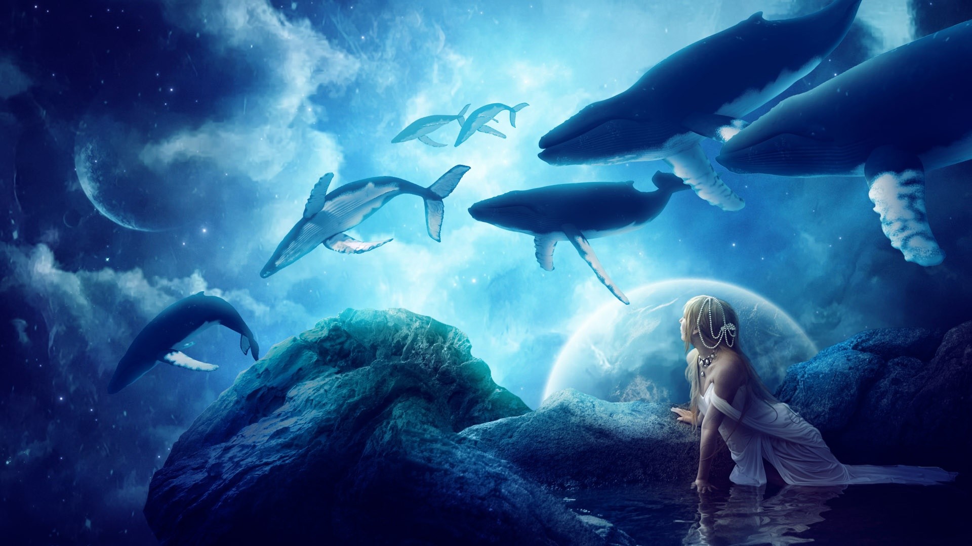 Fantasy art of whales swimming in a starry sky with a woman HD Wallpaper