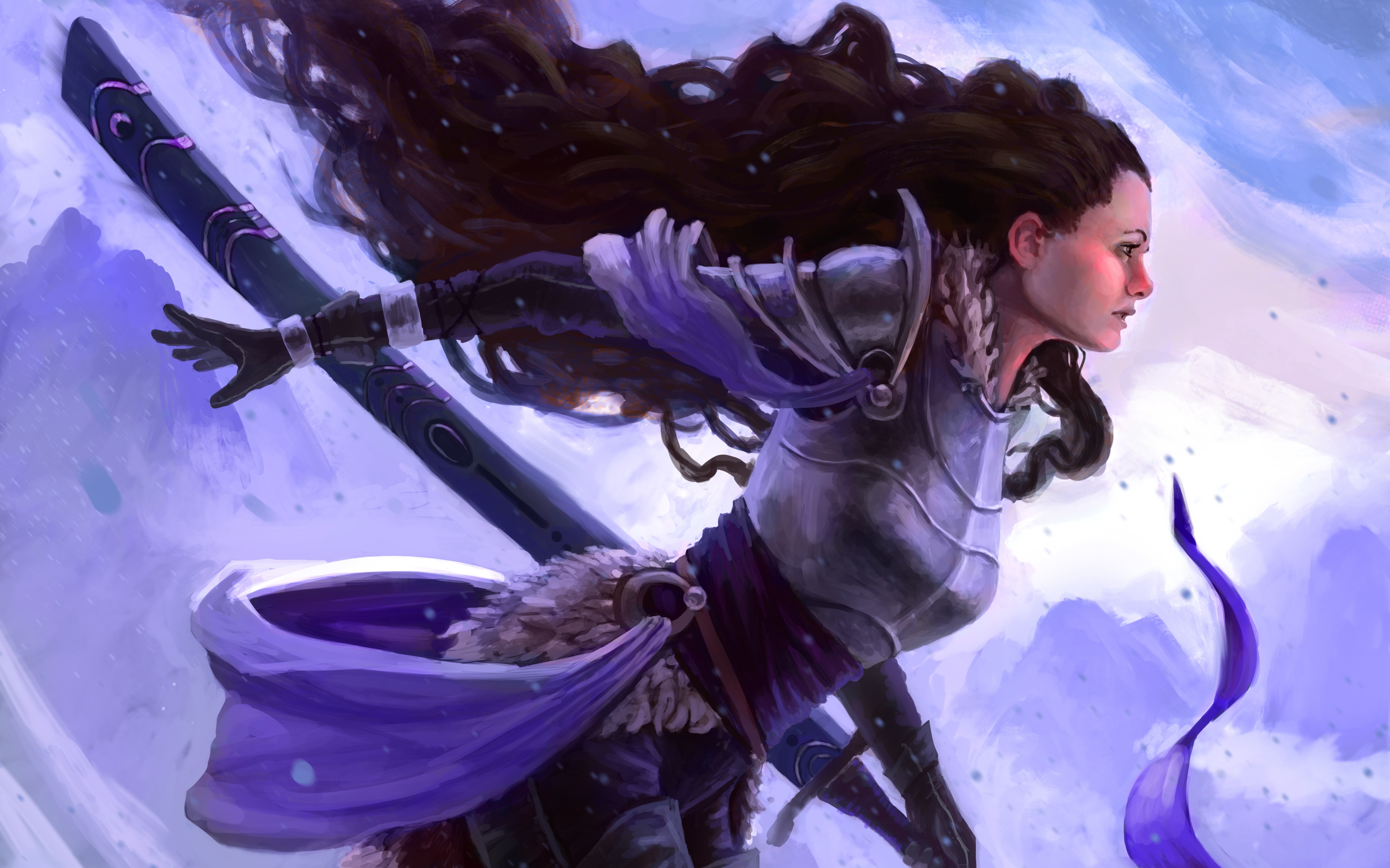 Fantasy art of a woman with a sword in the snow HD Wallpaper