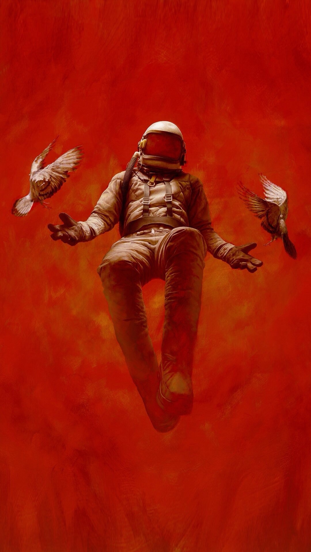 Astronaut floating with birds against red background HD Wallpaper