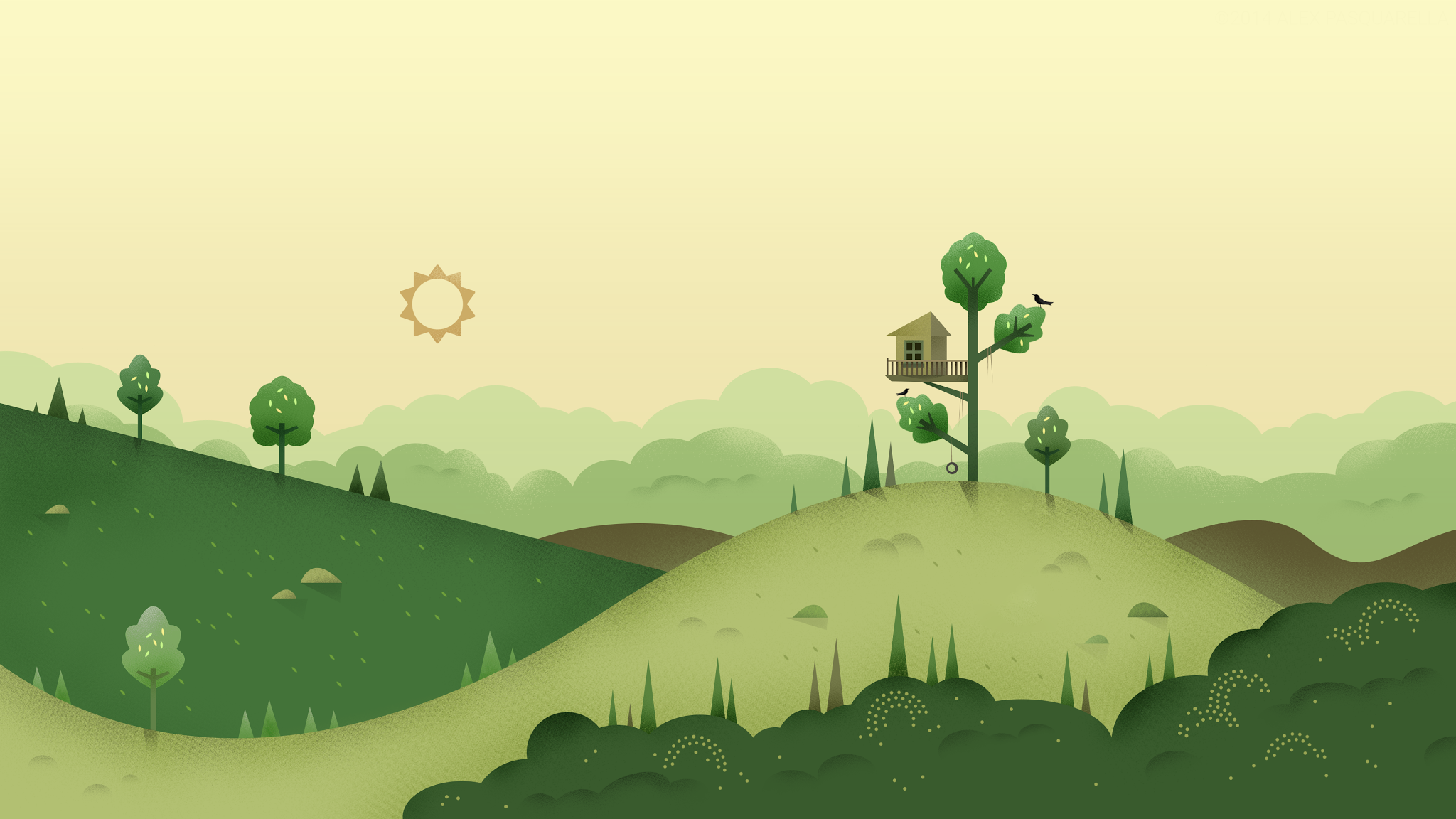 Minimalist landscape with a treehouse and sun HD Wallpaper