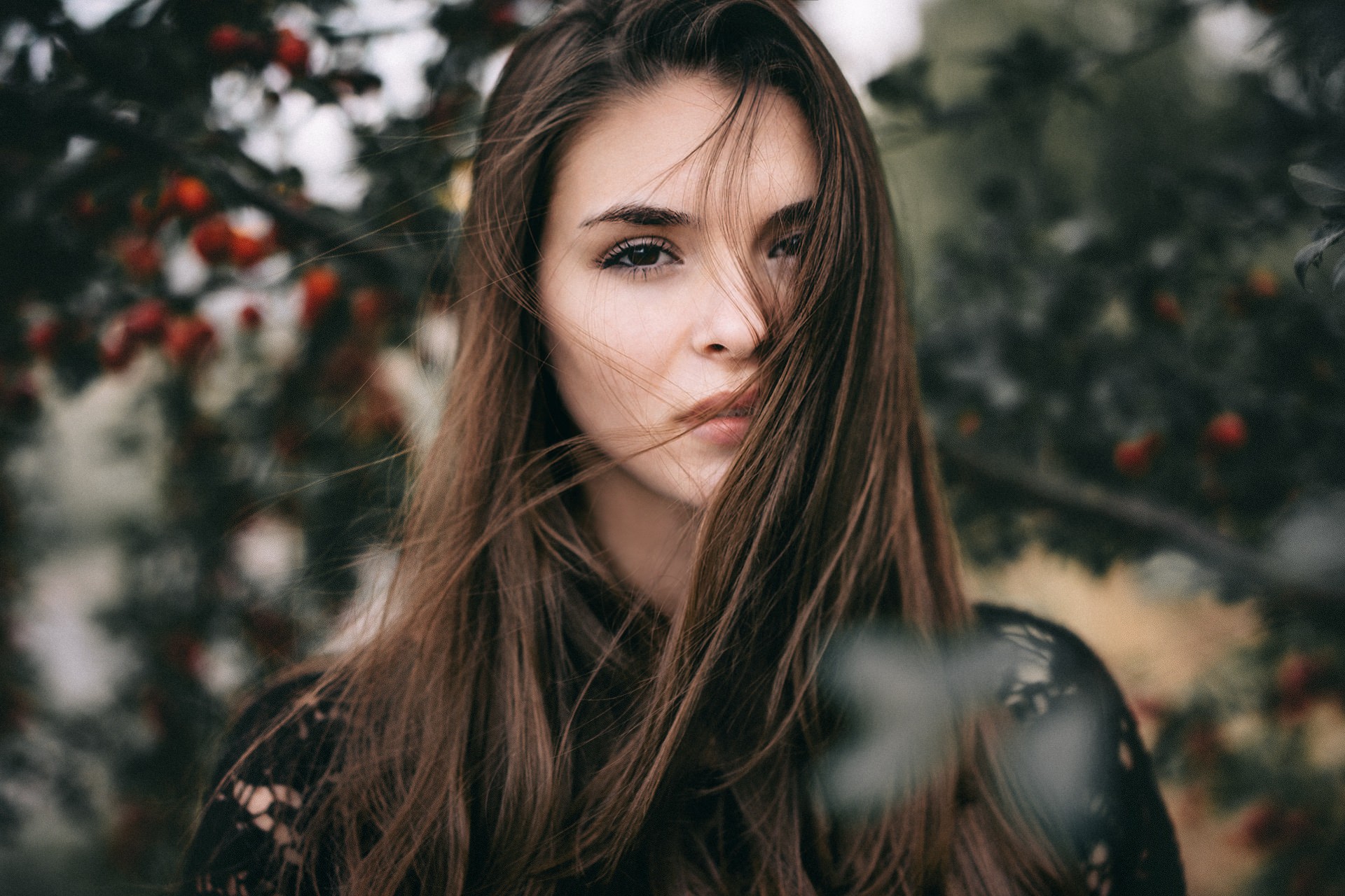 Portrait of a young woman with brown hair HD Wallpaper