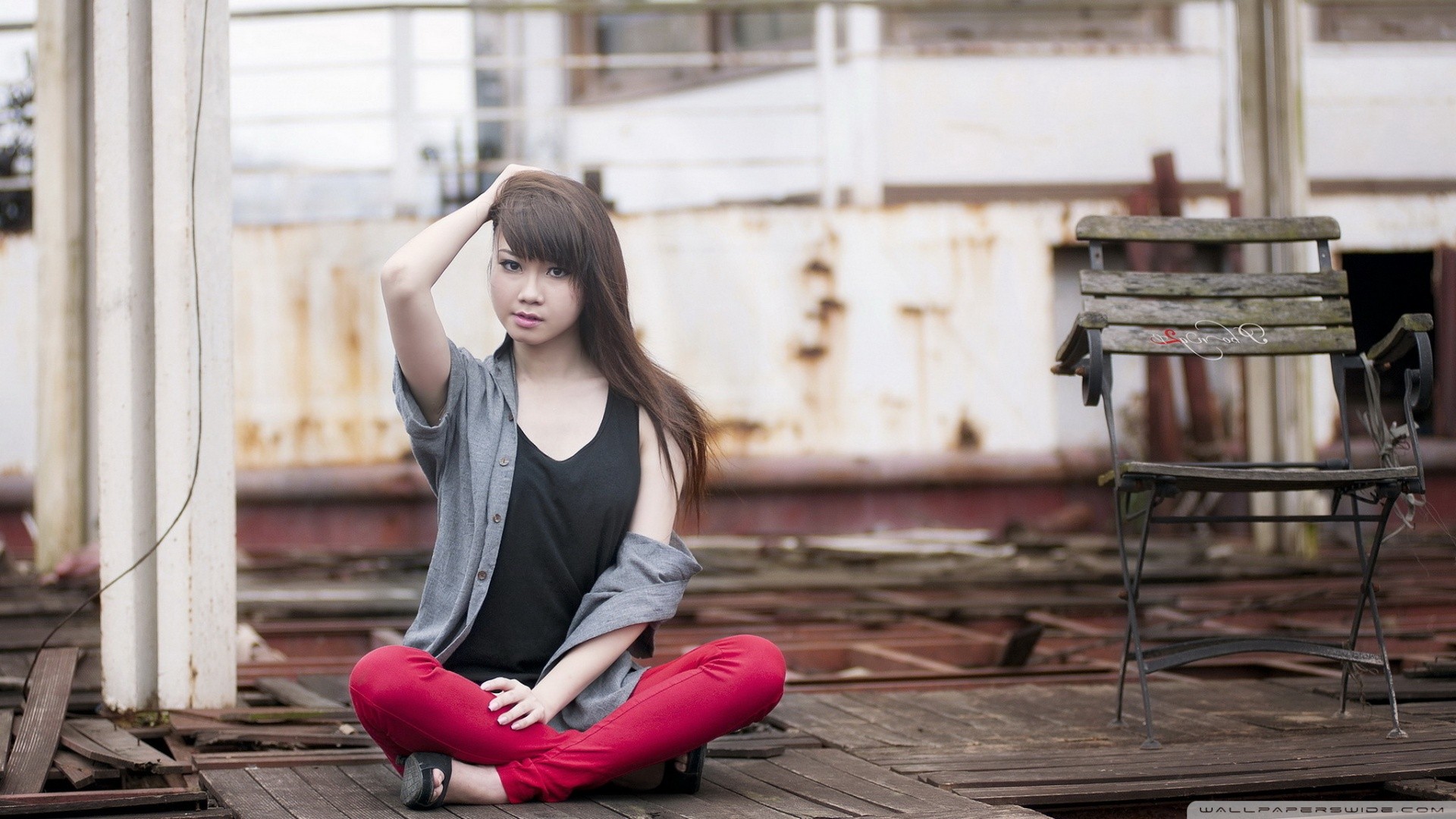 sitting, women, long hair, outdoors, Asian, brunette HD Wallpaper