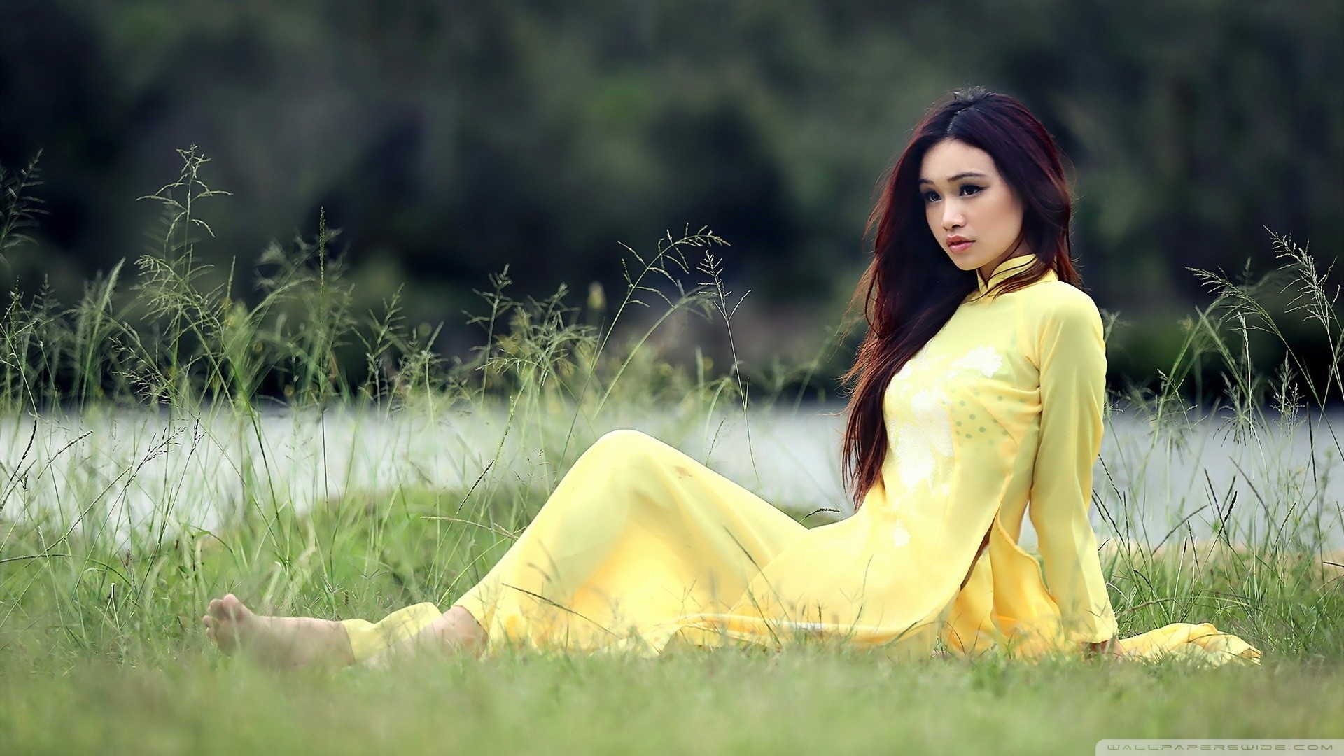 barefoot, Asian, women outdoors, yellow dress, women, long hair HD Wallpaper