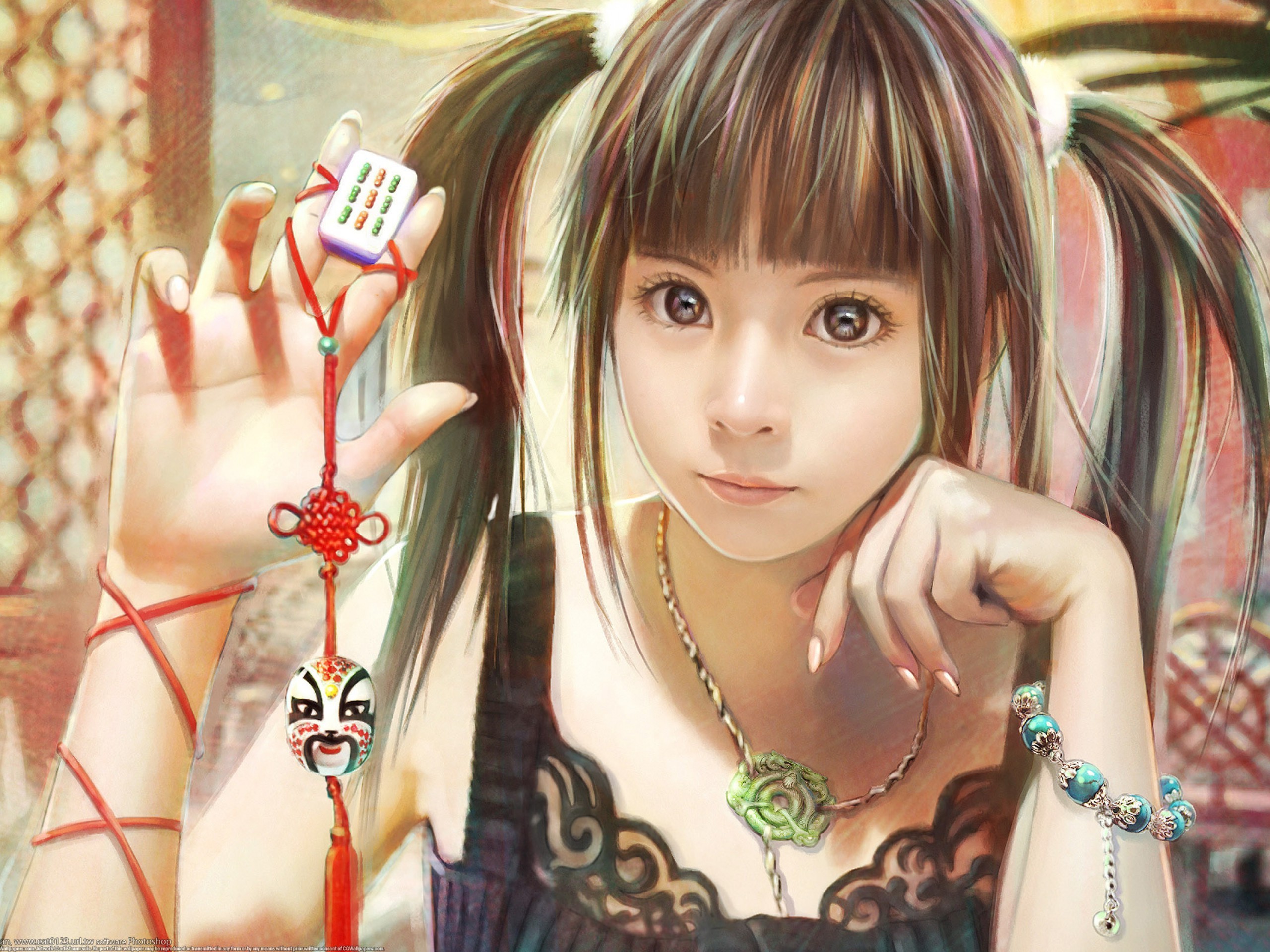 Anime girl with mahjong charm and mask HD Wallpaper