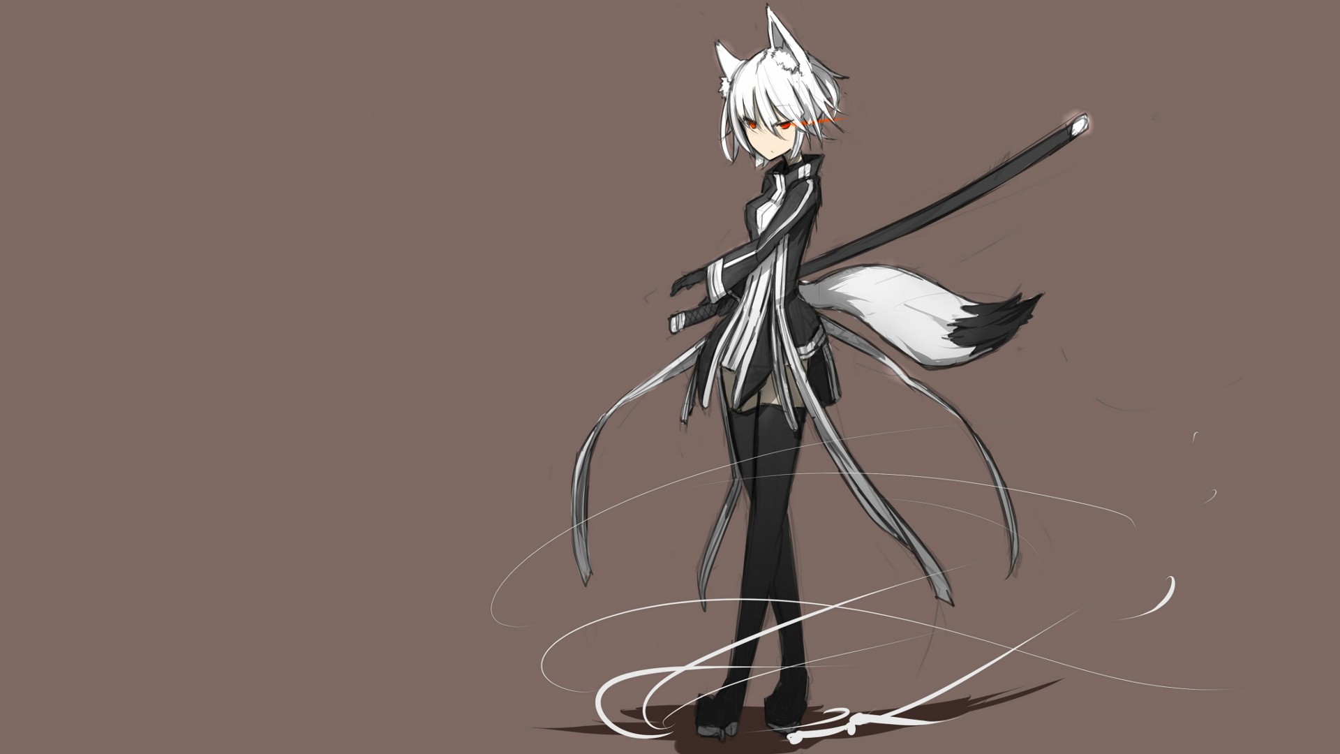 Anime girl with white hair and fox ears holding a katana HD Wallpaper