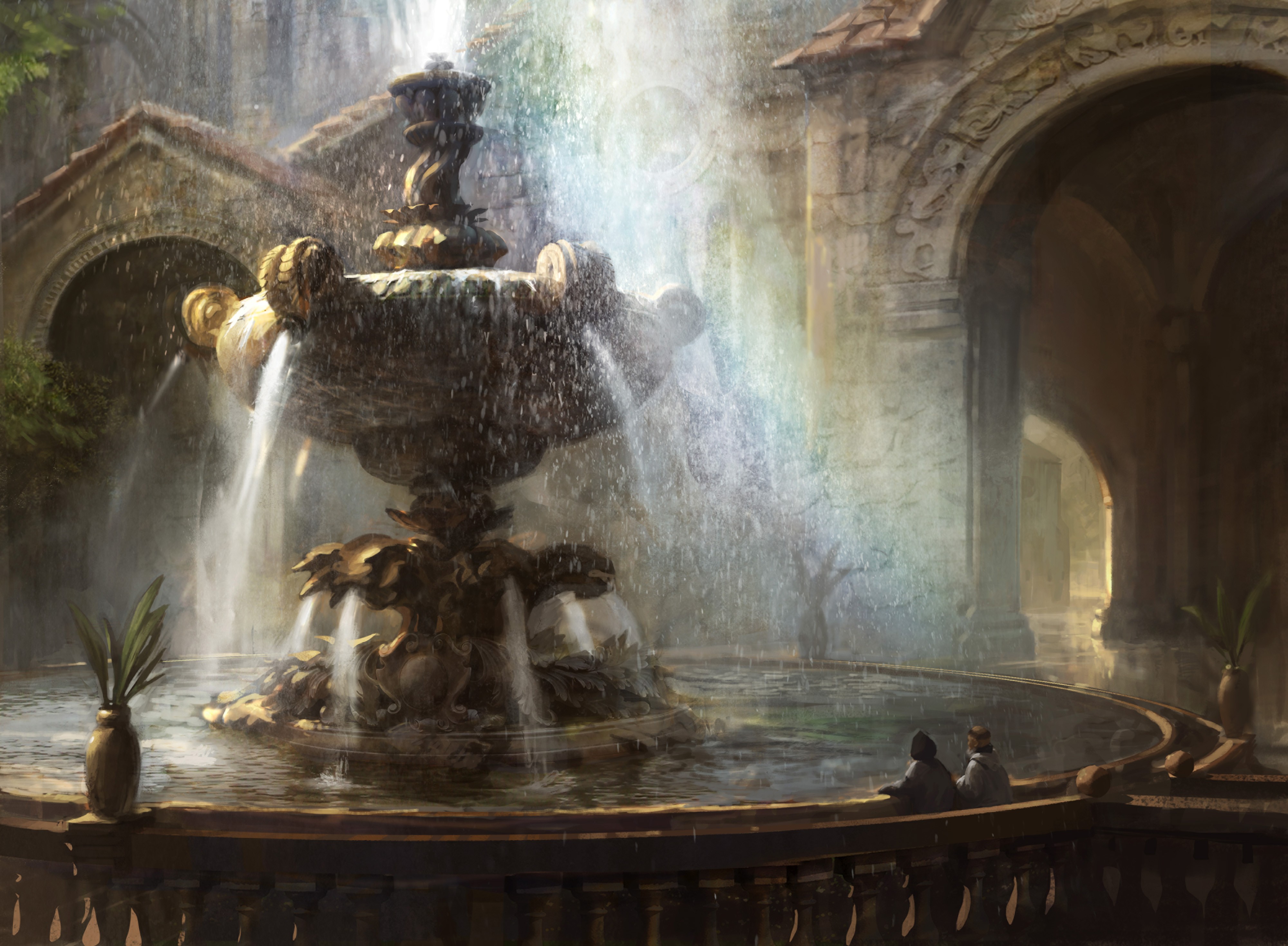 Fountain in a courtyard by Adam Paquette HD Wallpaper