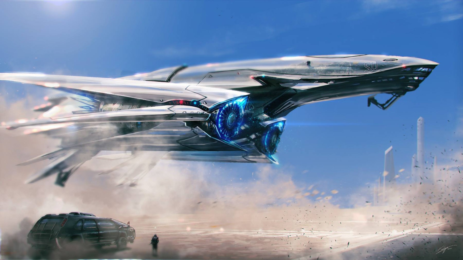 Futuristic spaceship flying over a desert landscape HD Wallpaper