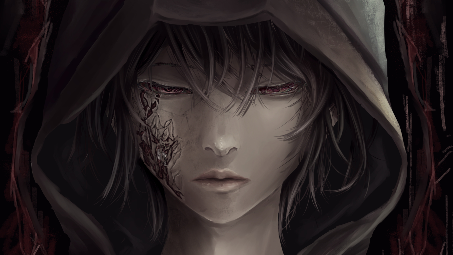 A woman with a hood and glowing red eyes HD Wallpaper