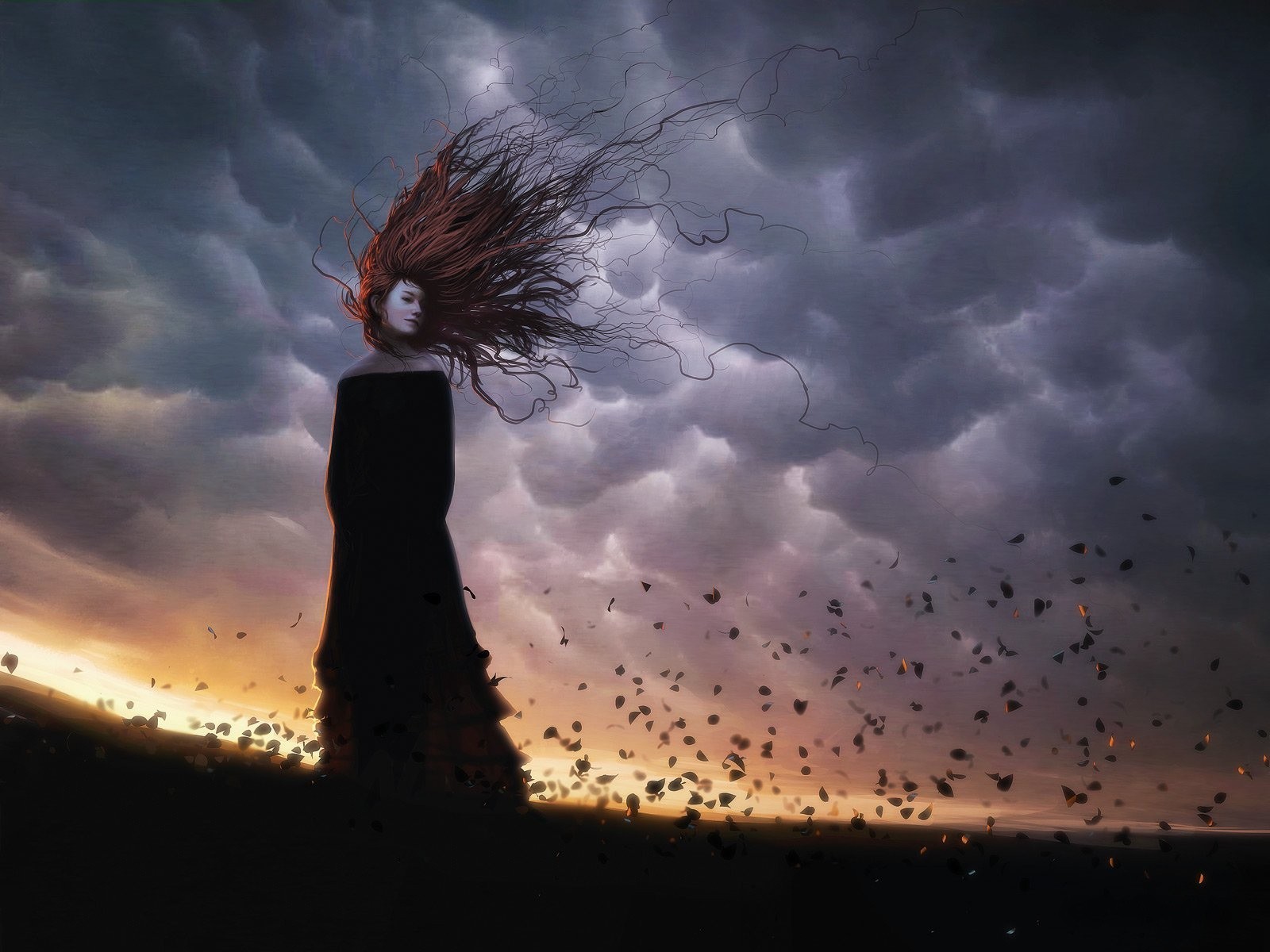 Artwork of a woman with flowing red hair HD Wallpaper