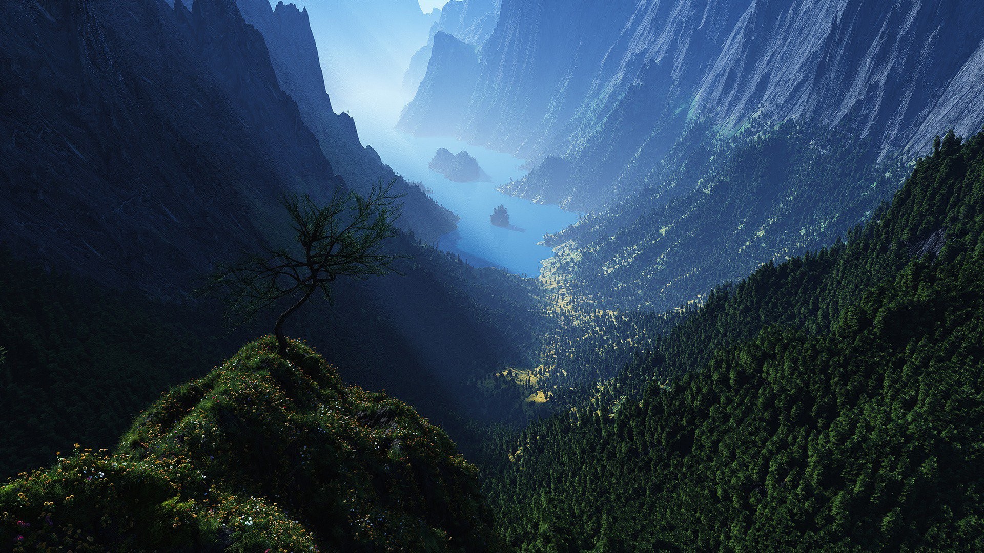 A lone tree on a grassy peak overlooking a misty mountain valley and lake HD Wallpaper