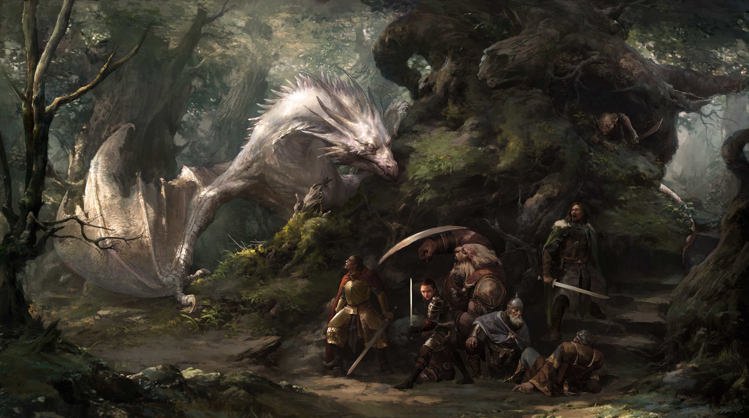 Fantasy art of a white dragon and adventurers in a forest HD Wallpaper