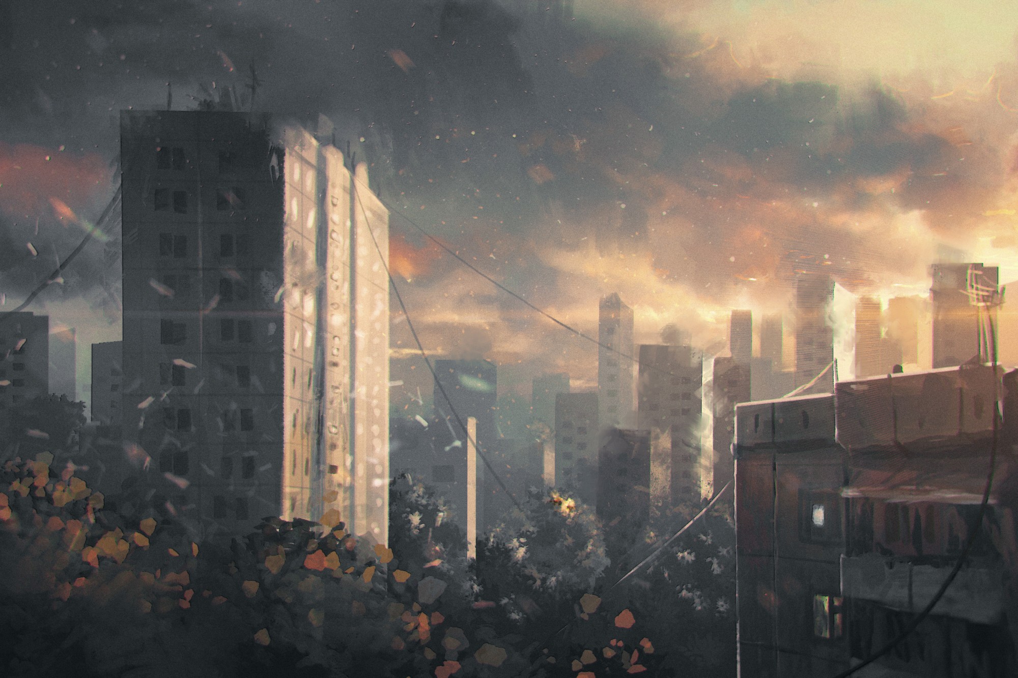 Apocalyptic city skyline at sunset with debris HD Wallpaper