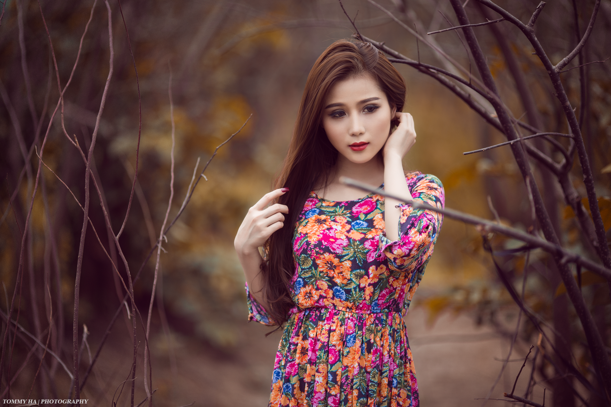 Asian woman with long brown hair in a floral dress HD Wallpaper