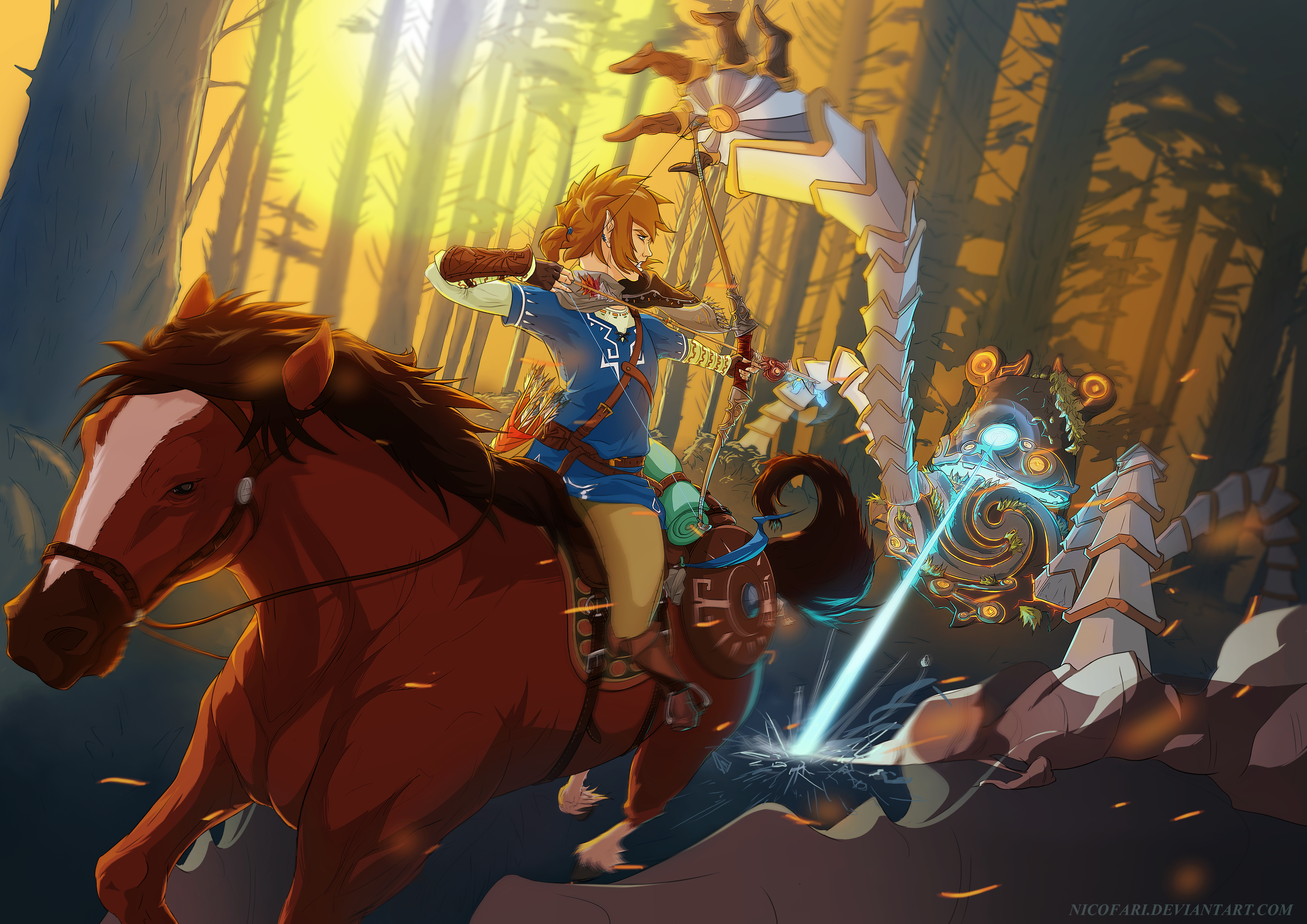 Link riding a horse and fighting a Guardian in The Legend of Zelda HD Wallpaper