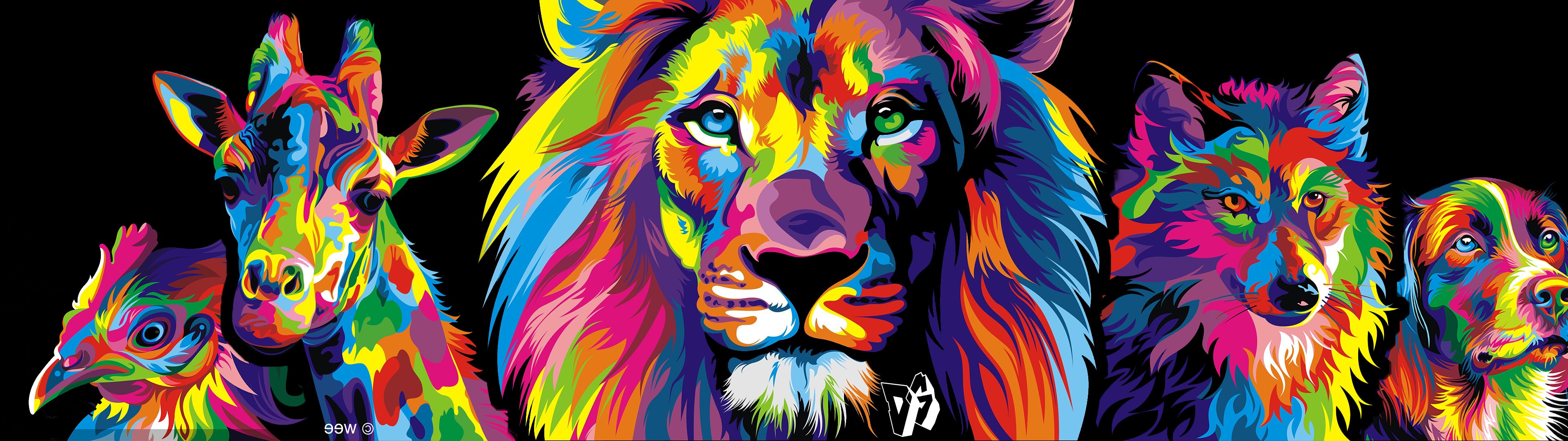 Colorful animals including a lion, giraffe, wolf, and dogs HD Wallpaper
