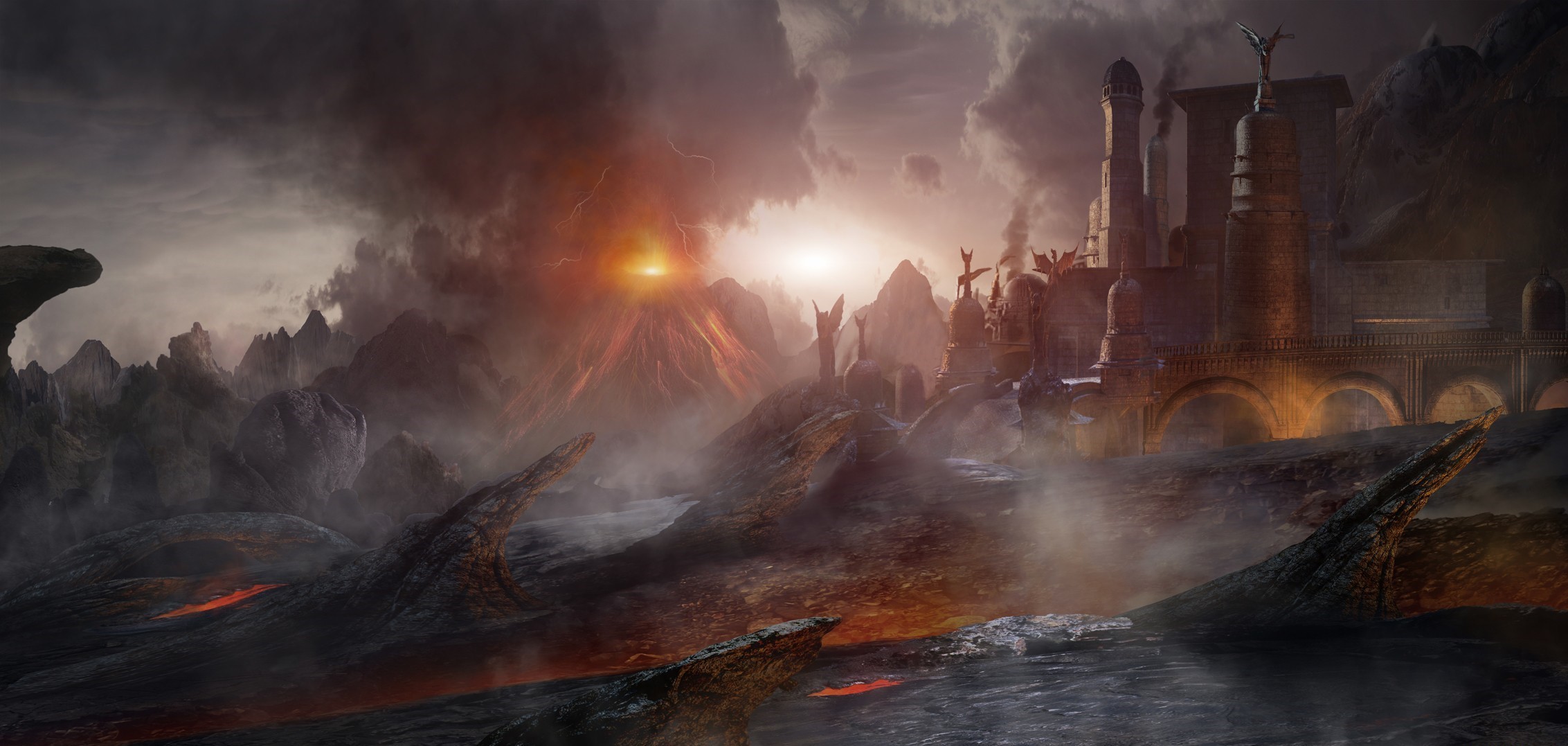 Fantasy landscape with volcano and castle HD Wallpaper