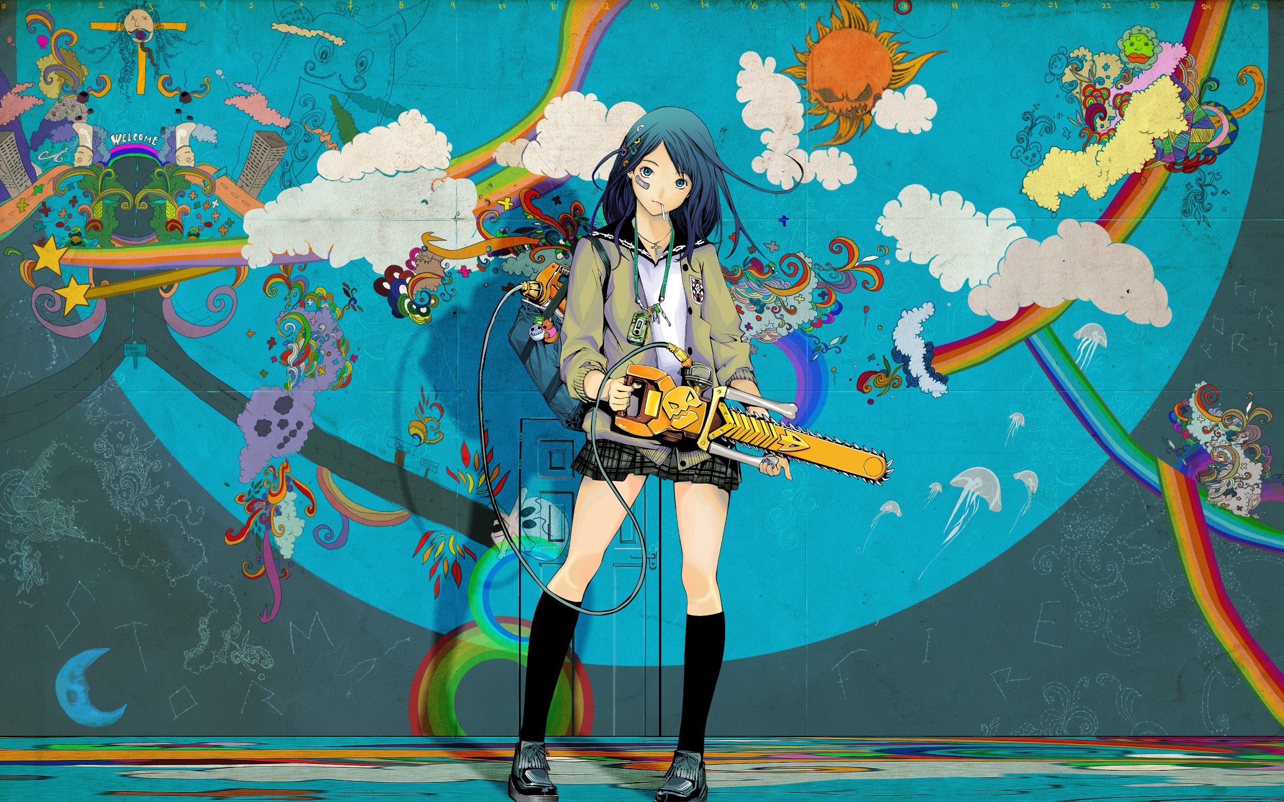 Anime girl with chainsaw against colorful mural HD Wallpaper