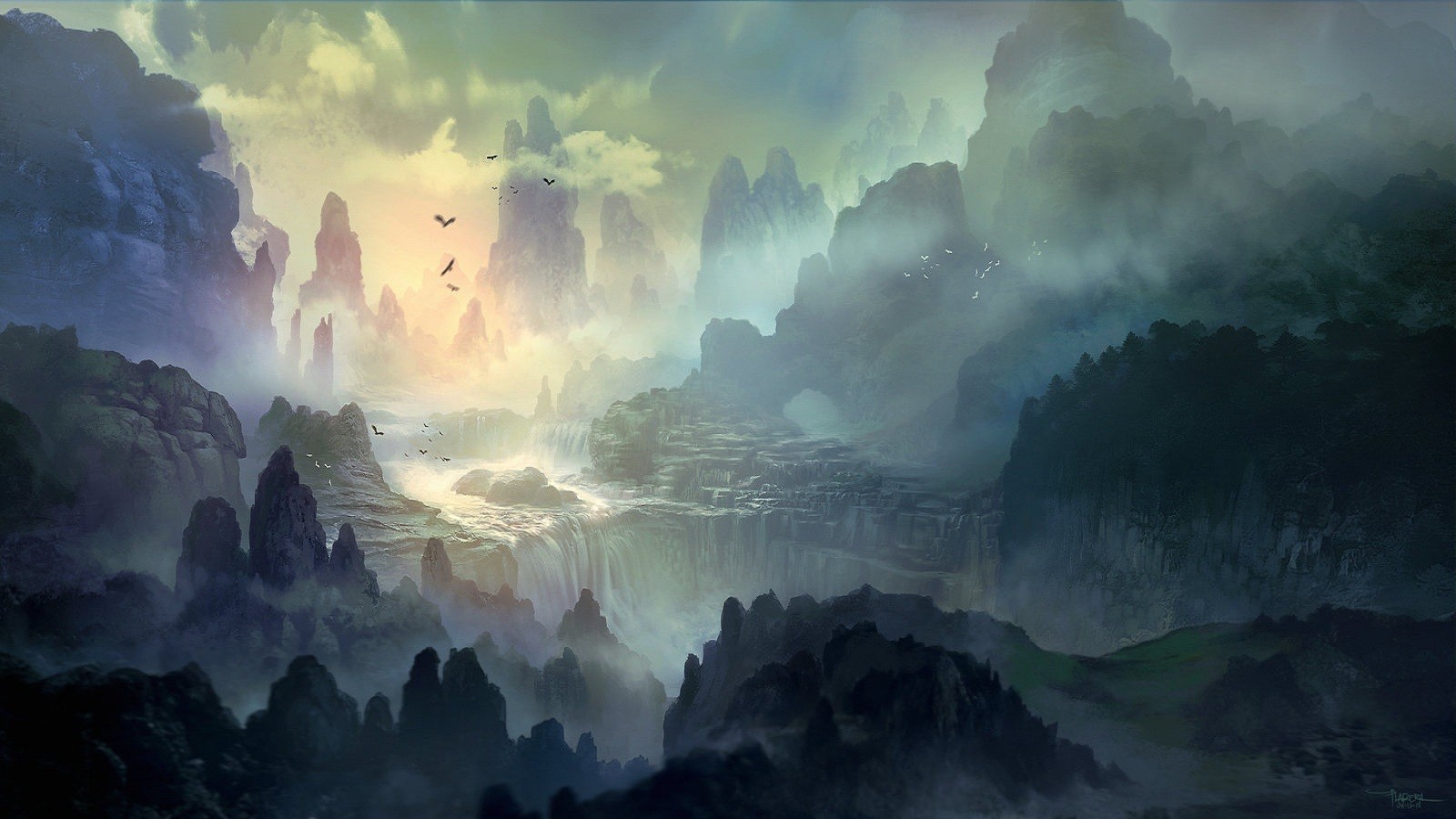 Misty mountains with waterfalls and birds HD Wallpaper