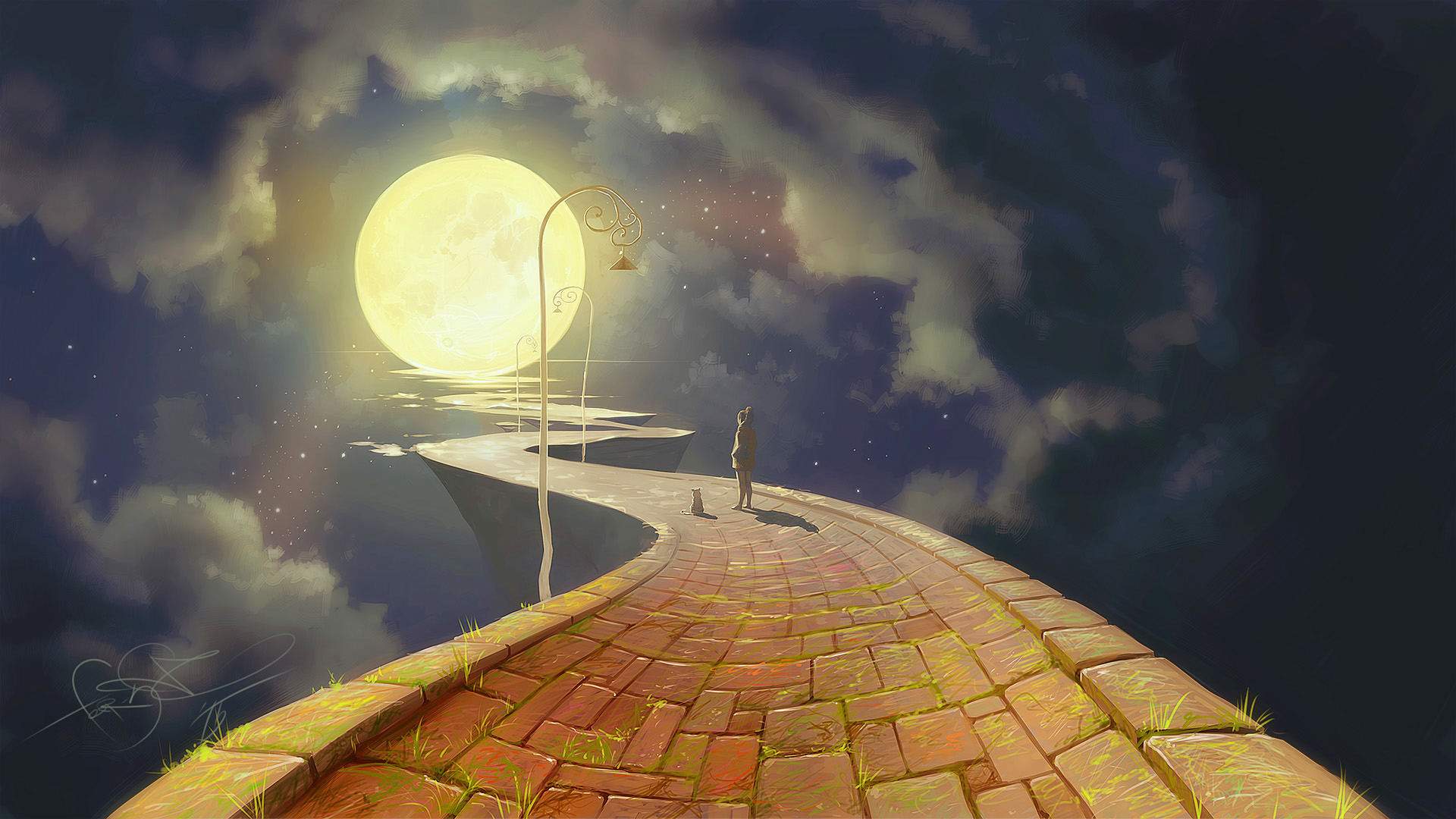 Fantasy path under a glowing moon with a person and cat HD Wallpaper