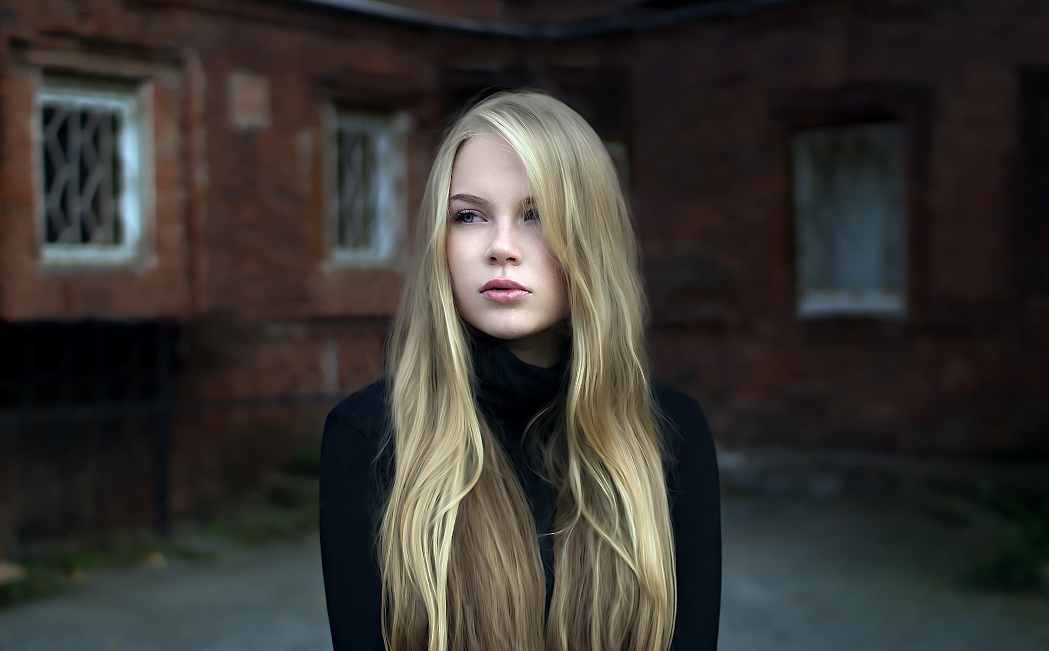 Portrait of a blonde woman in a black turtleneck HD Wallpaper