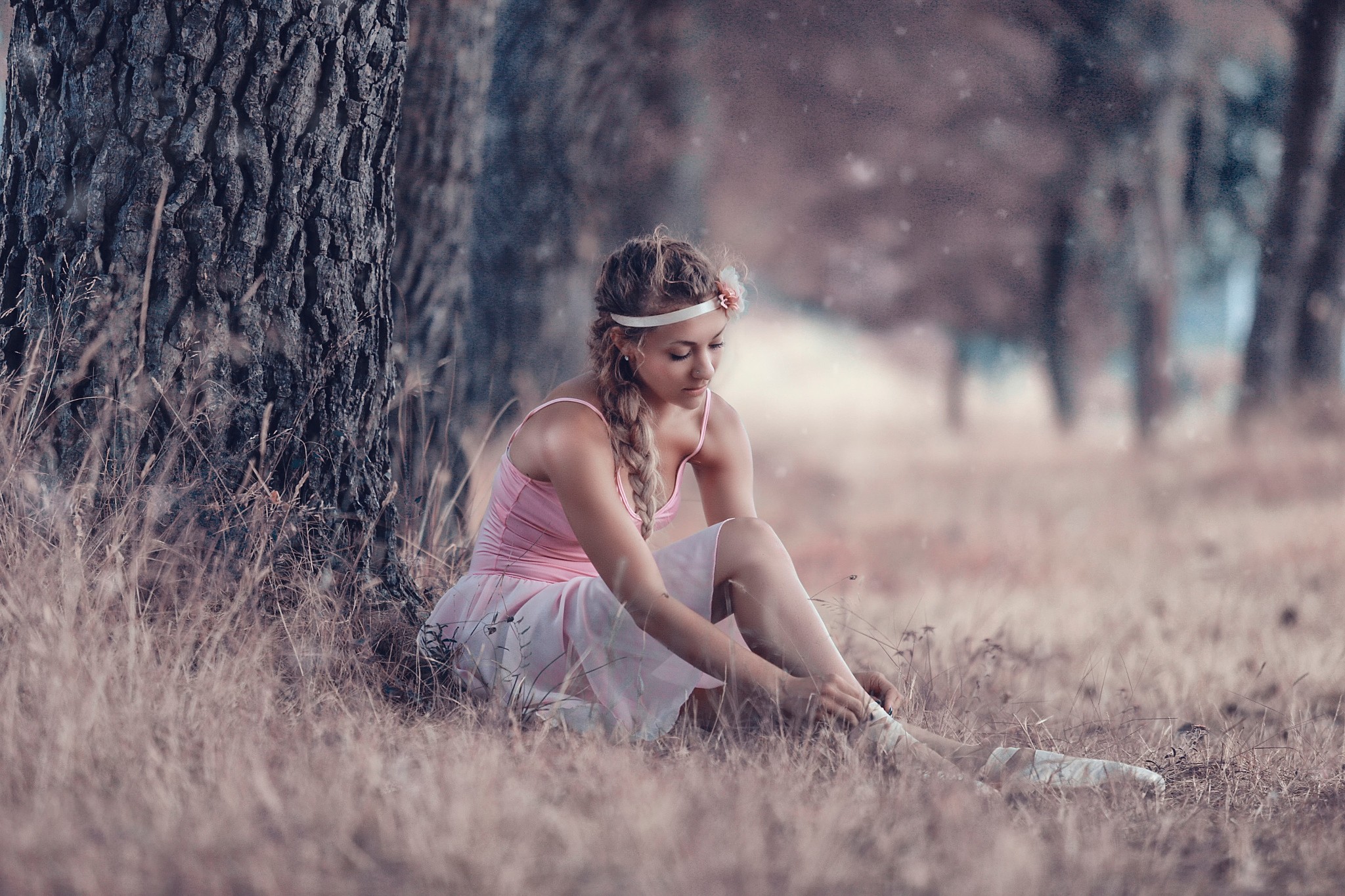 Woman in pink dress sitting by a tree HD Wallpaper