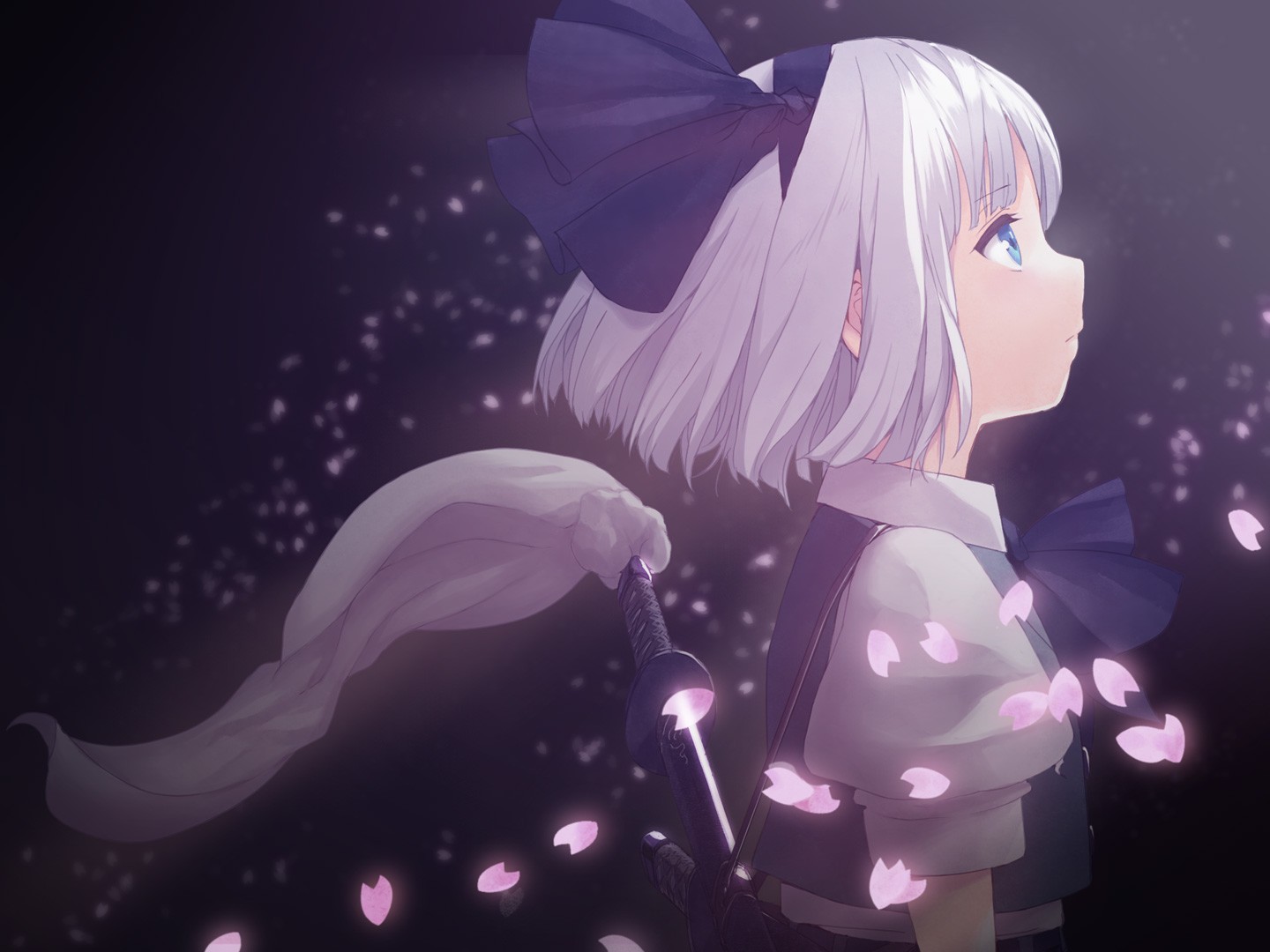 Konpaku Youmu from Touhou with falling cherry blossoms HD Wallpaper