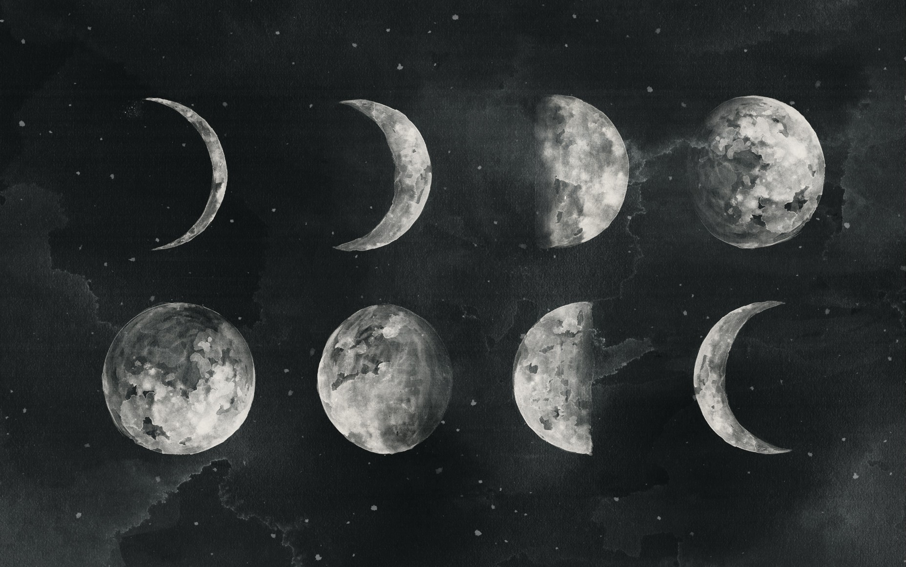Watercolor painting of moon phases in a starry night sky HD Wallpaper