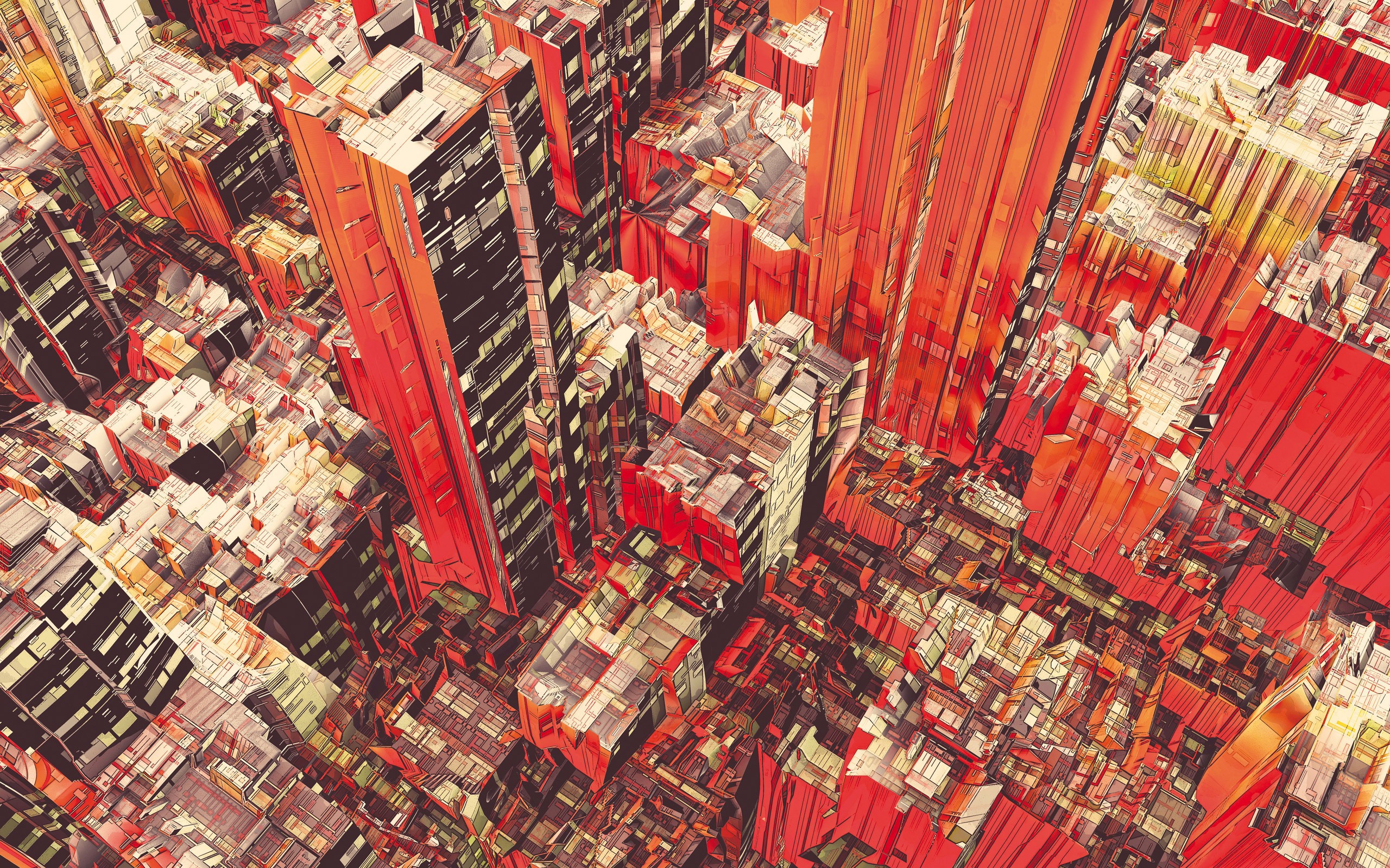Digital art cityscape with red skyscrapers by Atelier Olschinsky HD Wallpaper