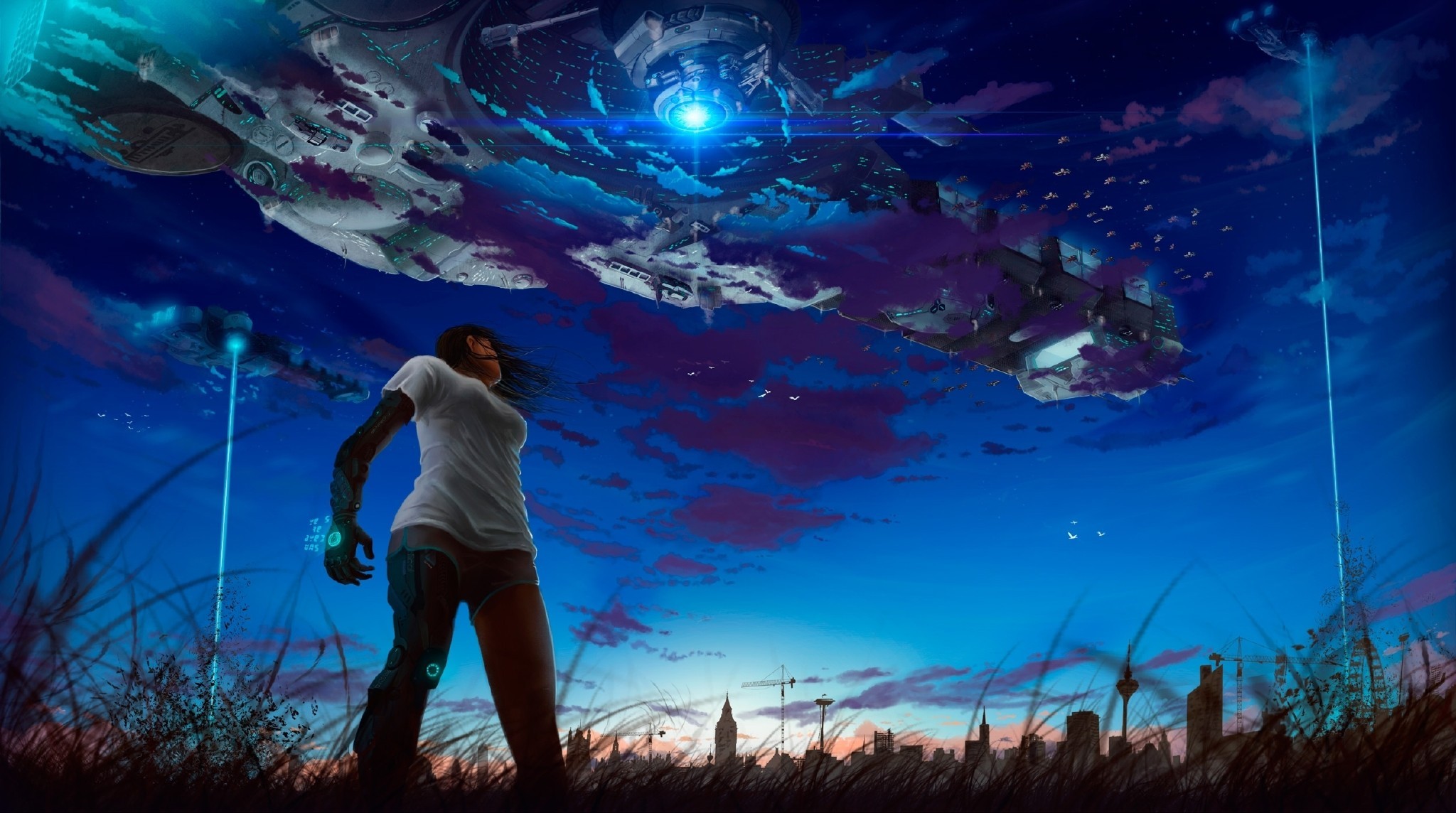 Girl with cybernetic arm looks up at alien spaceship HD Wallpaper