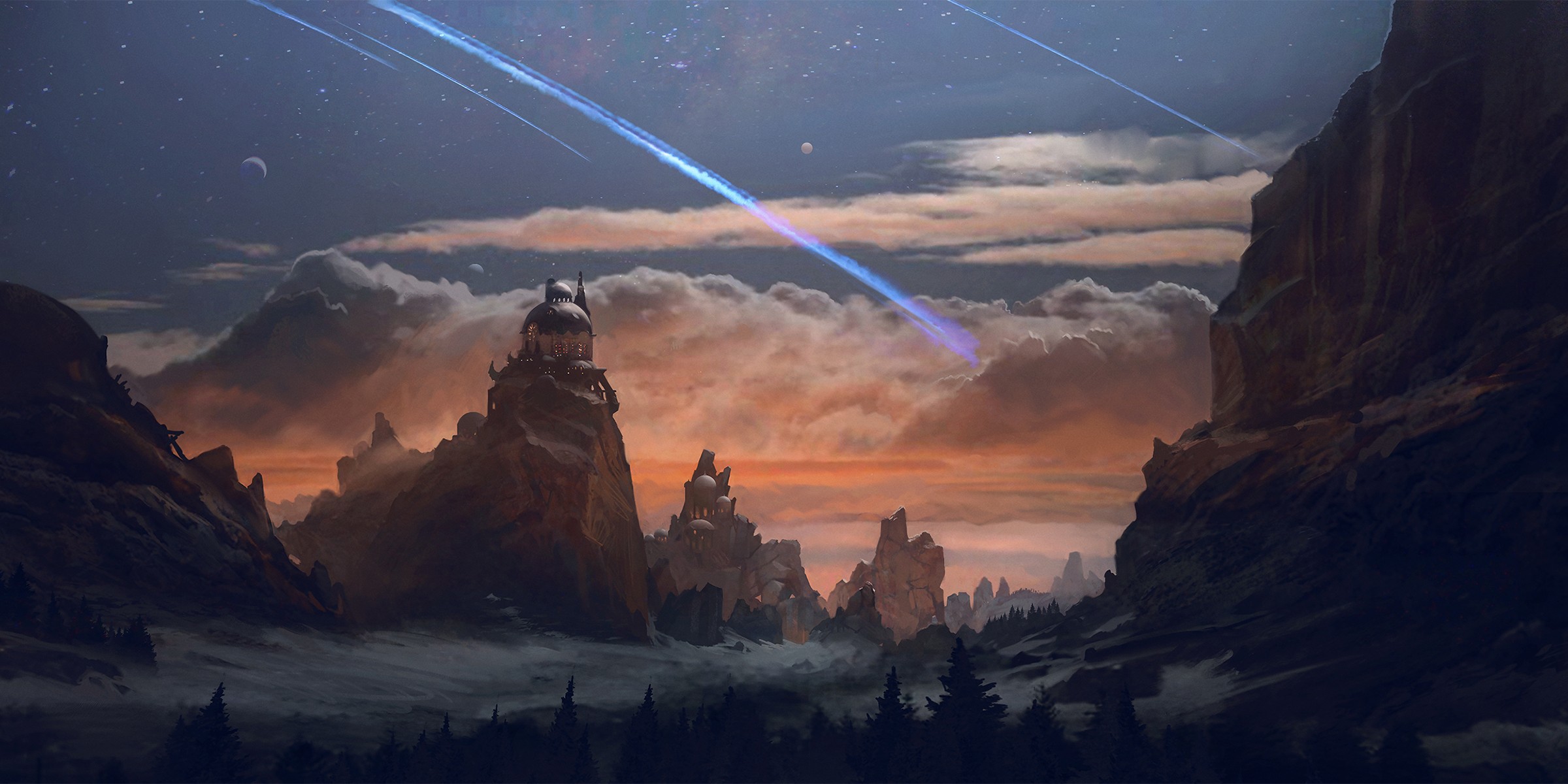 Fantasy landscape with mountains, clouds, and shooting stars HD Wallpaper