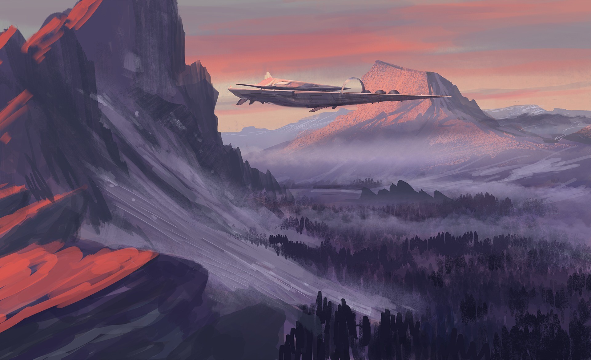 Spaceship flying over misty mountains at sunset HD Wallpaper
