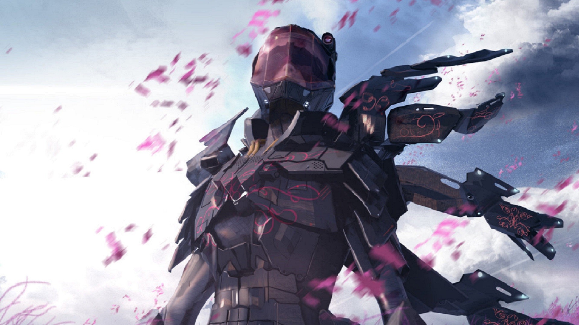 Warrior in futuristic armor with pink petals HD Wallpaper