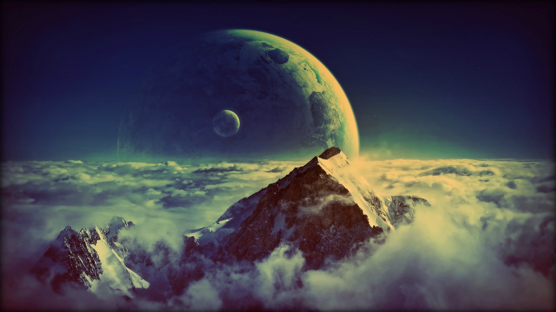 Fantasy art of planets and mountains above clouds HD Wallpaper