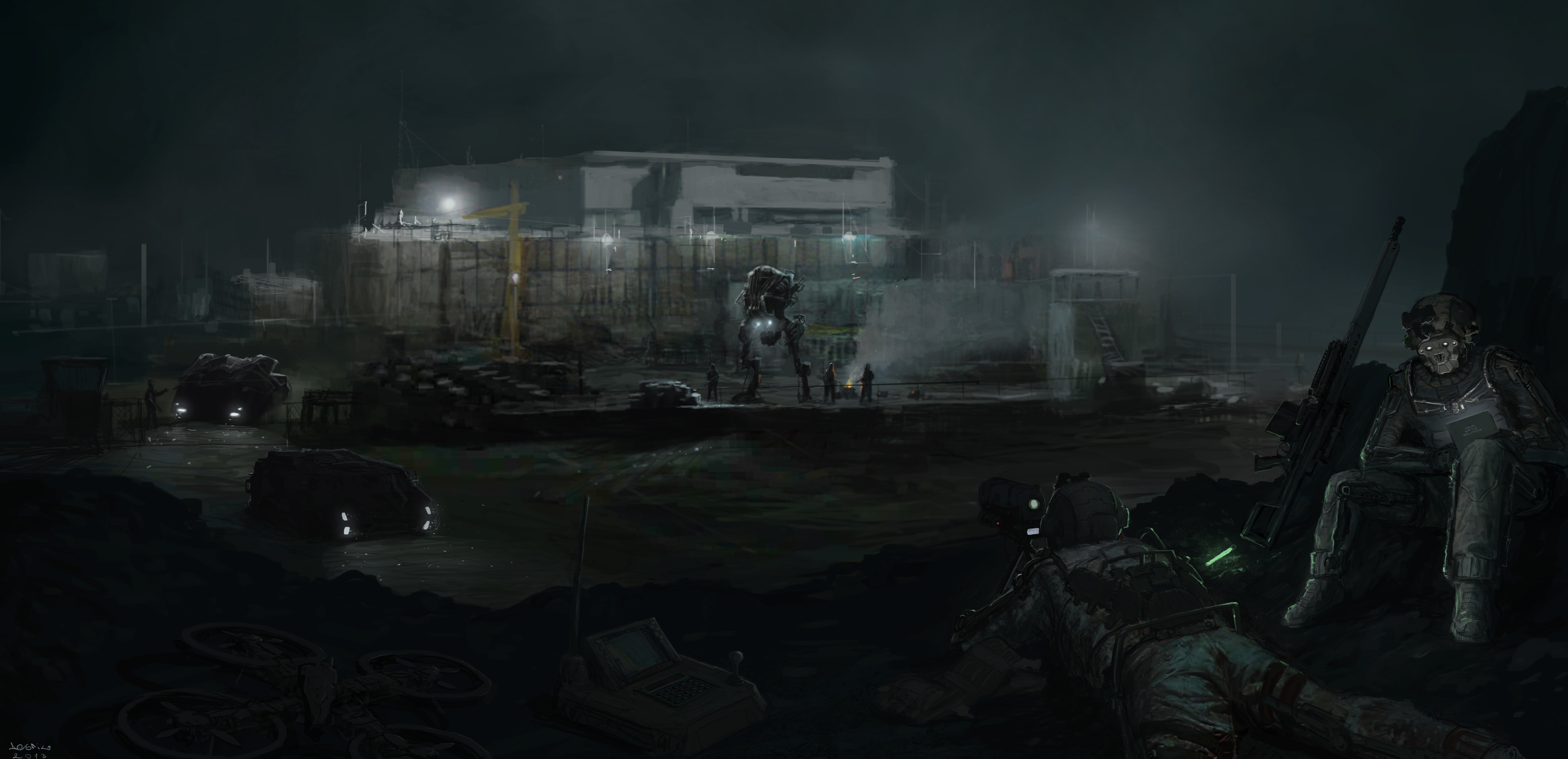 Futuristic soldiers and mechs at a dark industrial site HD Wallpaper