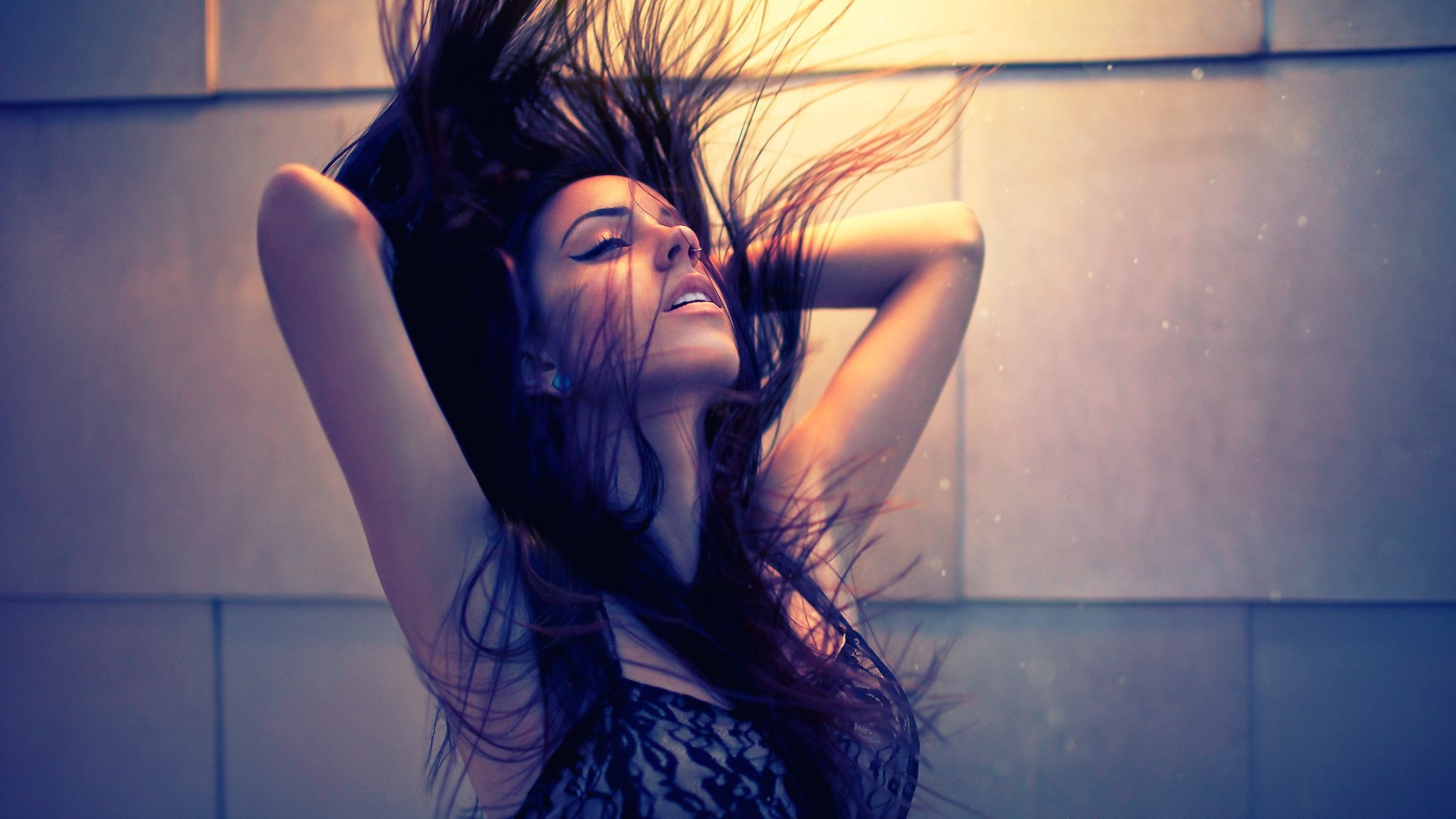 Hannah Ray with her hands in her dark hair HD Wallpaper