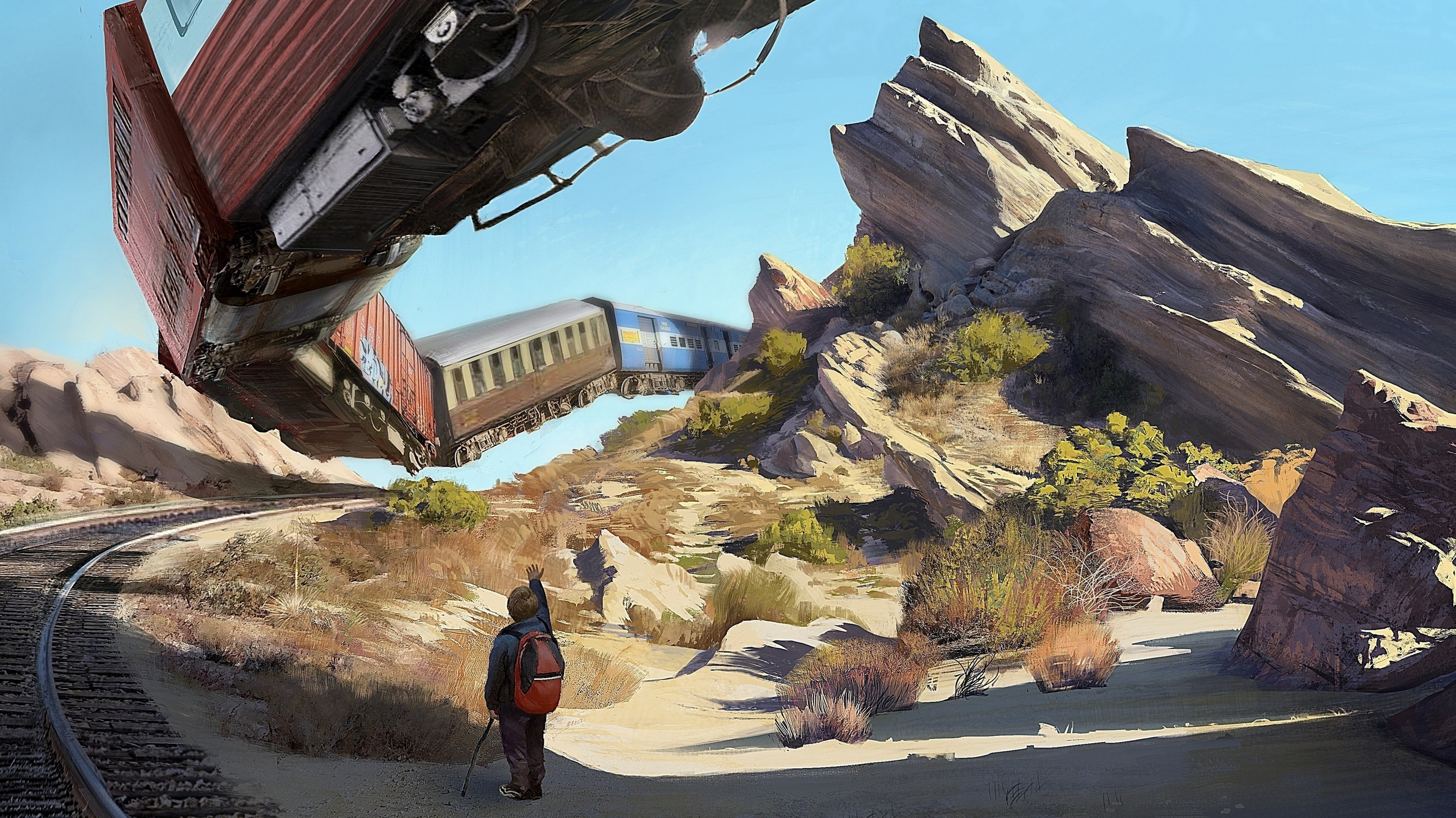 A train derails in a desert landscape with a child watching HD Wallpaper