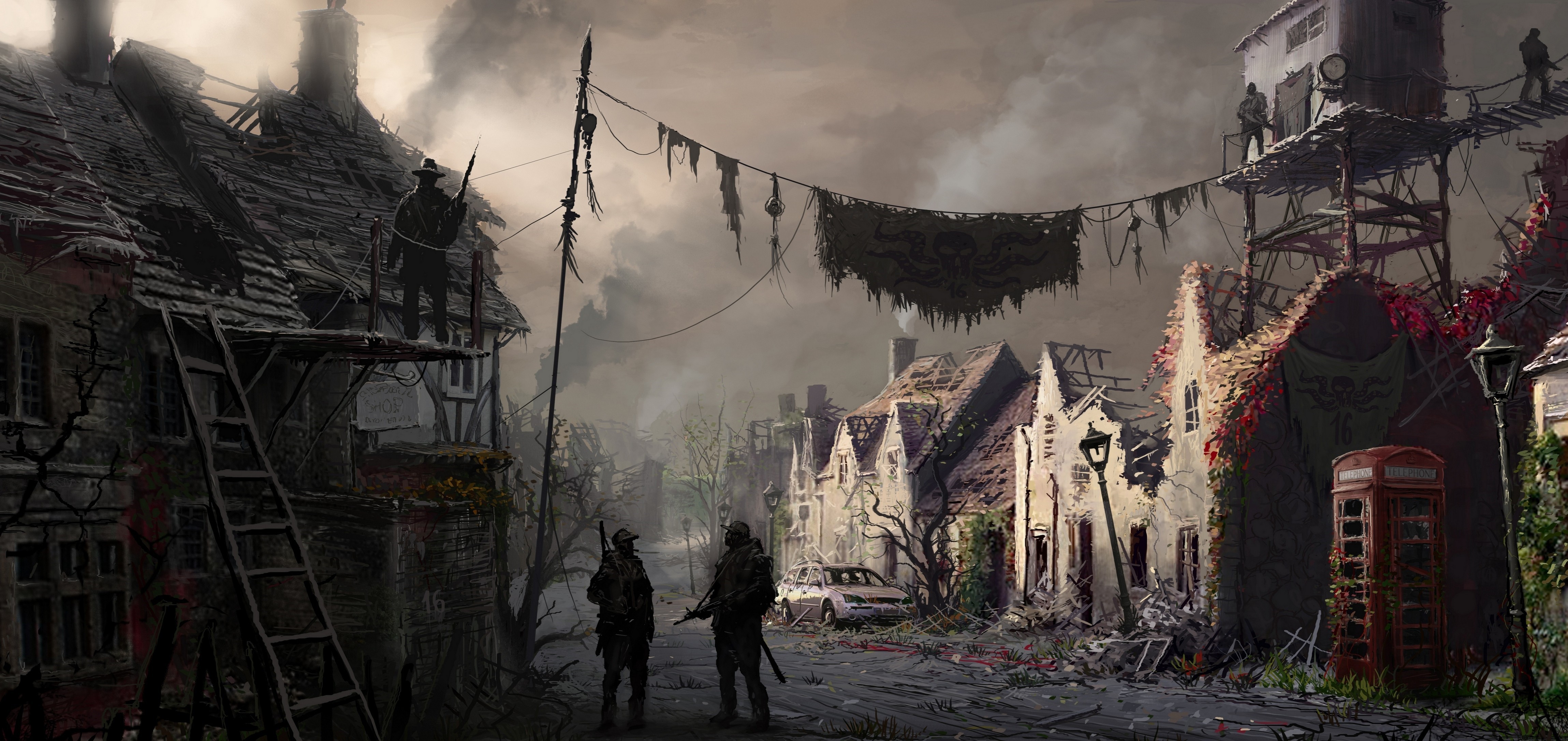 Apocalyptic village with survivors and ruined buildings HD Wallpaper