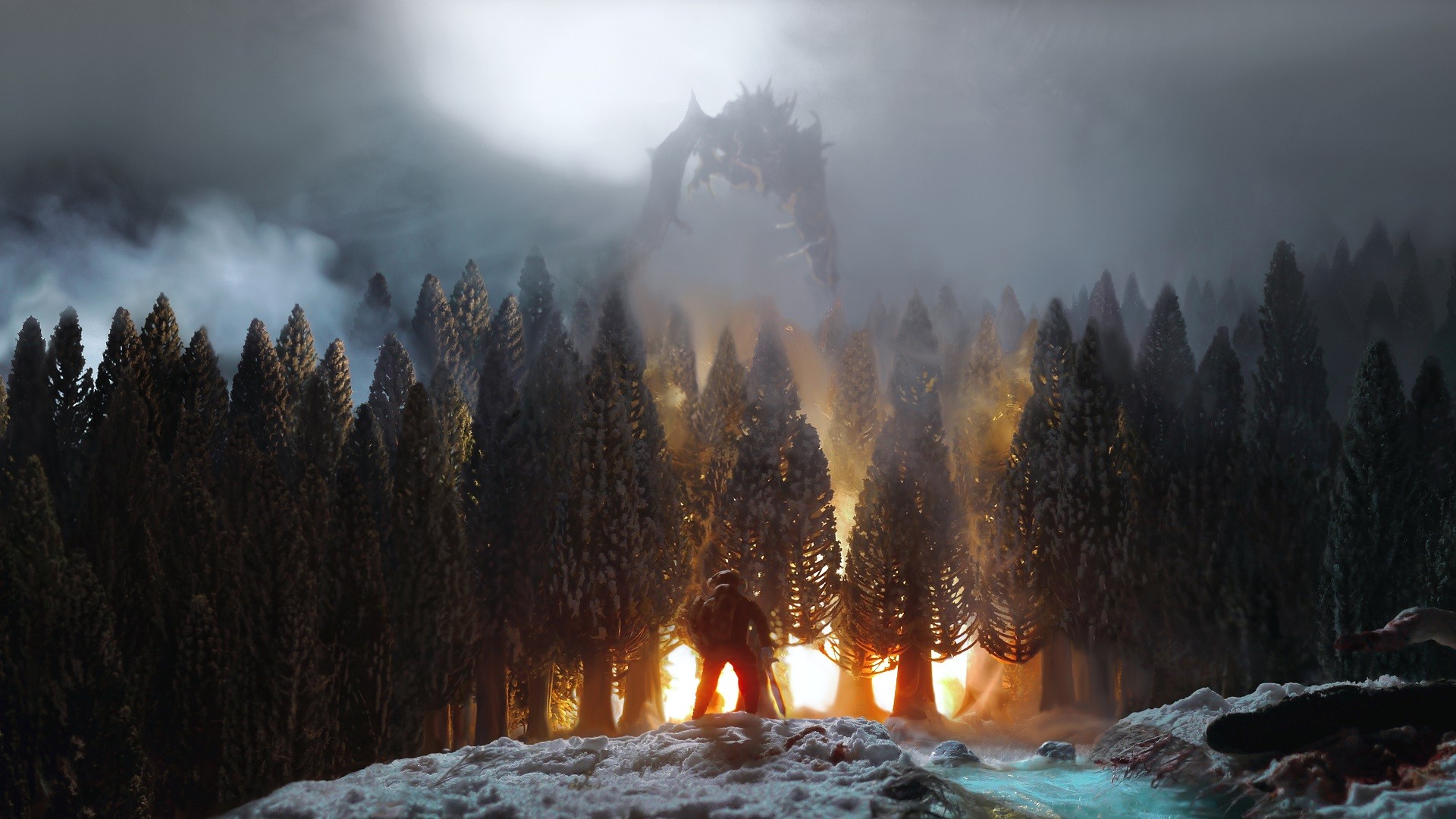 Dragon in a burning forest with a warrior HD Wallpaper