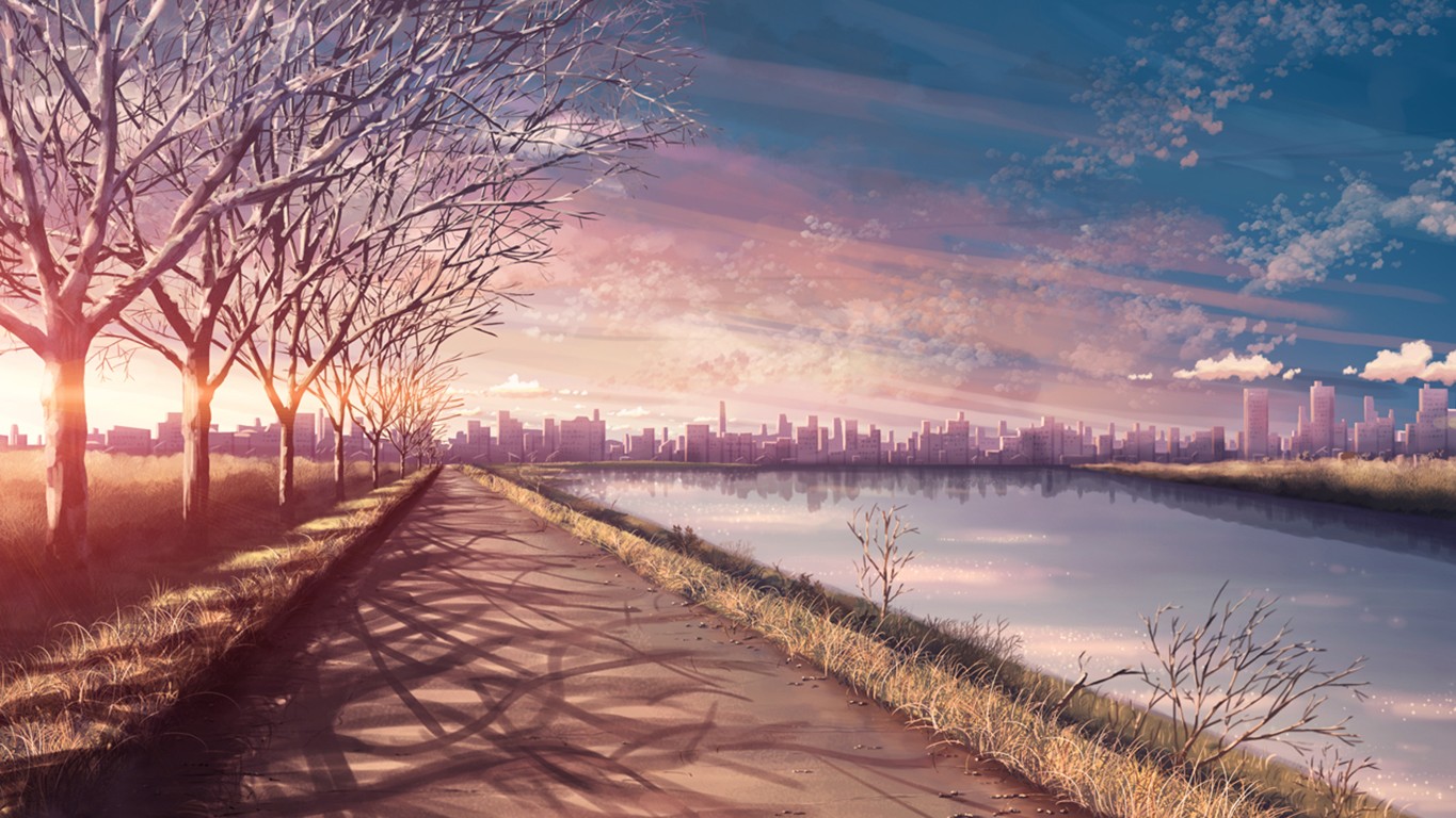 Anime landscape with city skyline and river HD Wallpaper