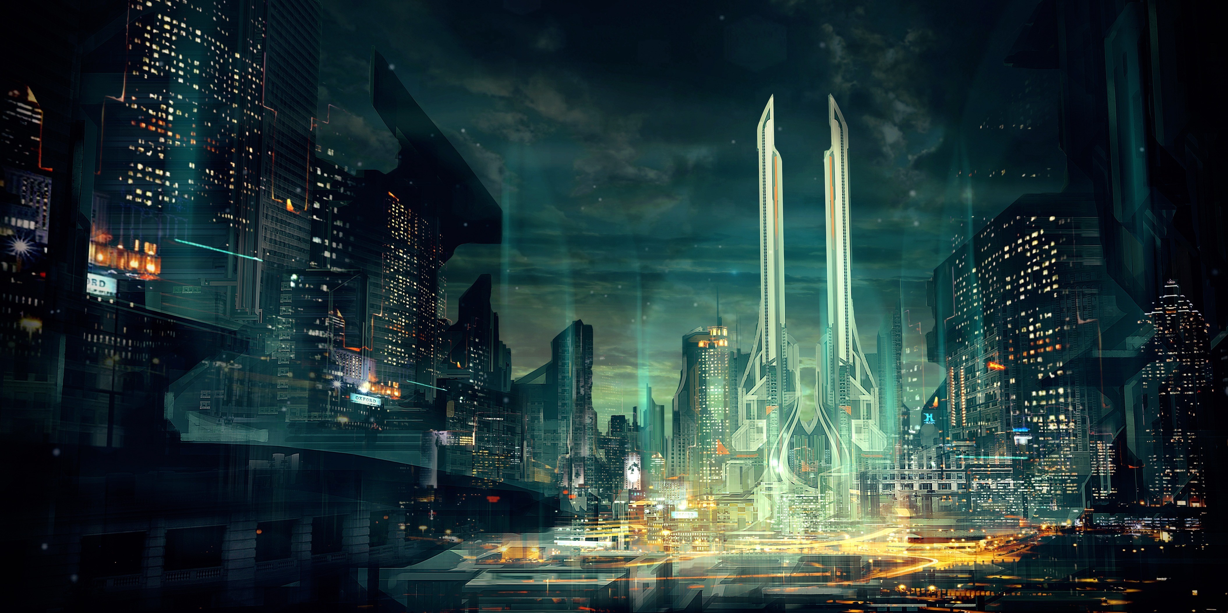 Futuristic Cityscape Artwork at Night HD Wallpaper