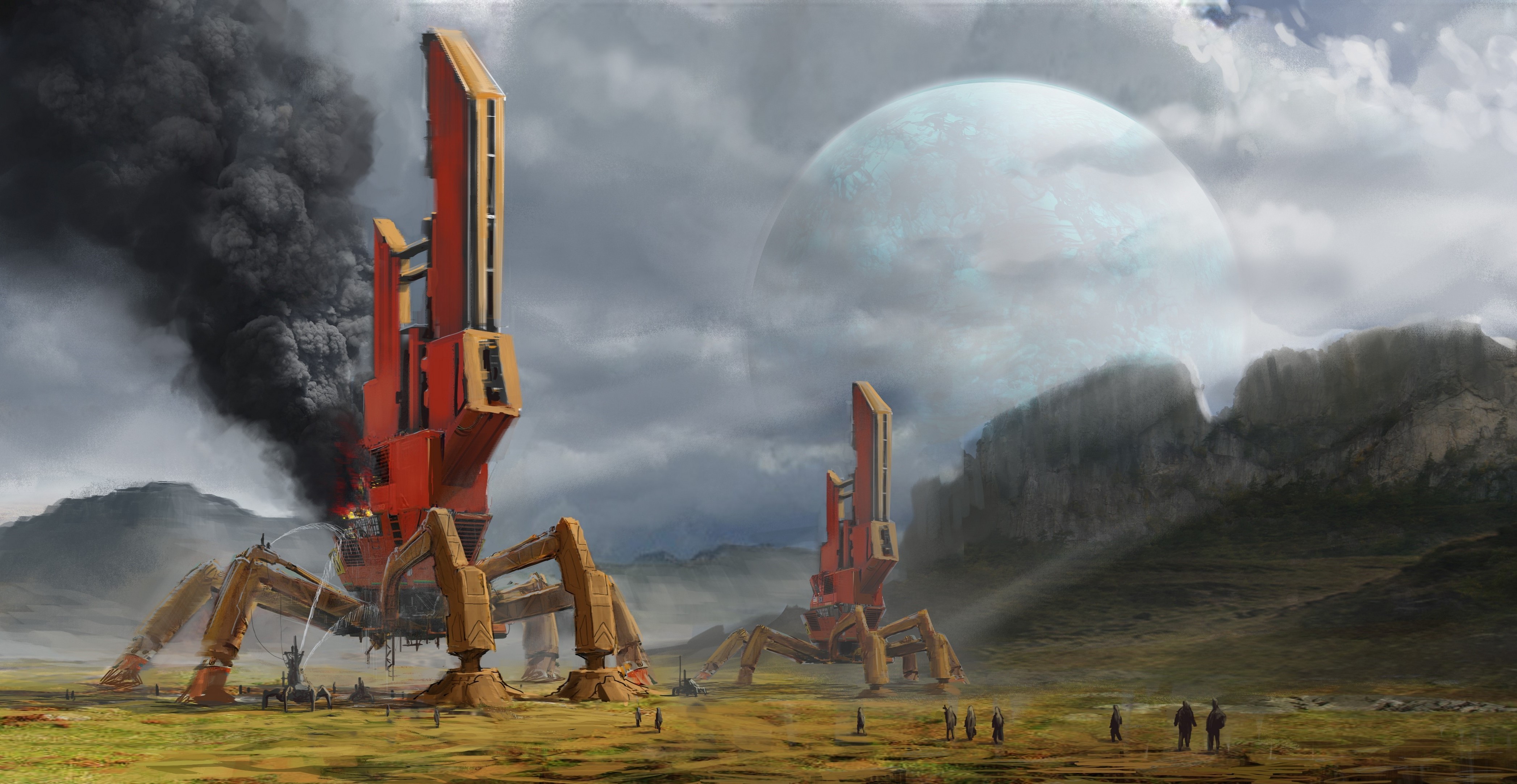 Futuristic mechs on a burning alien planet HD Wallpaper
