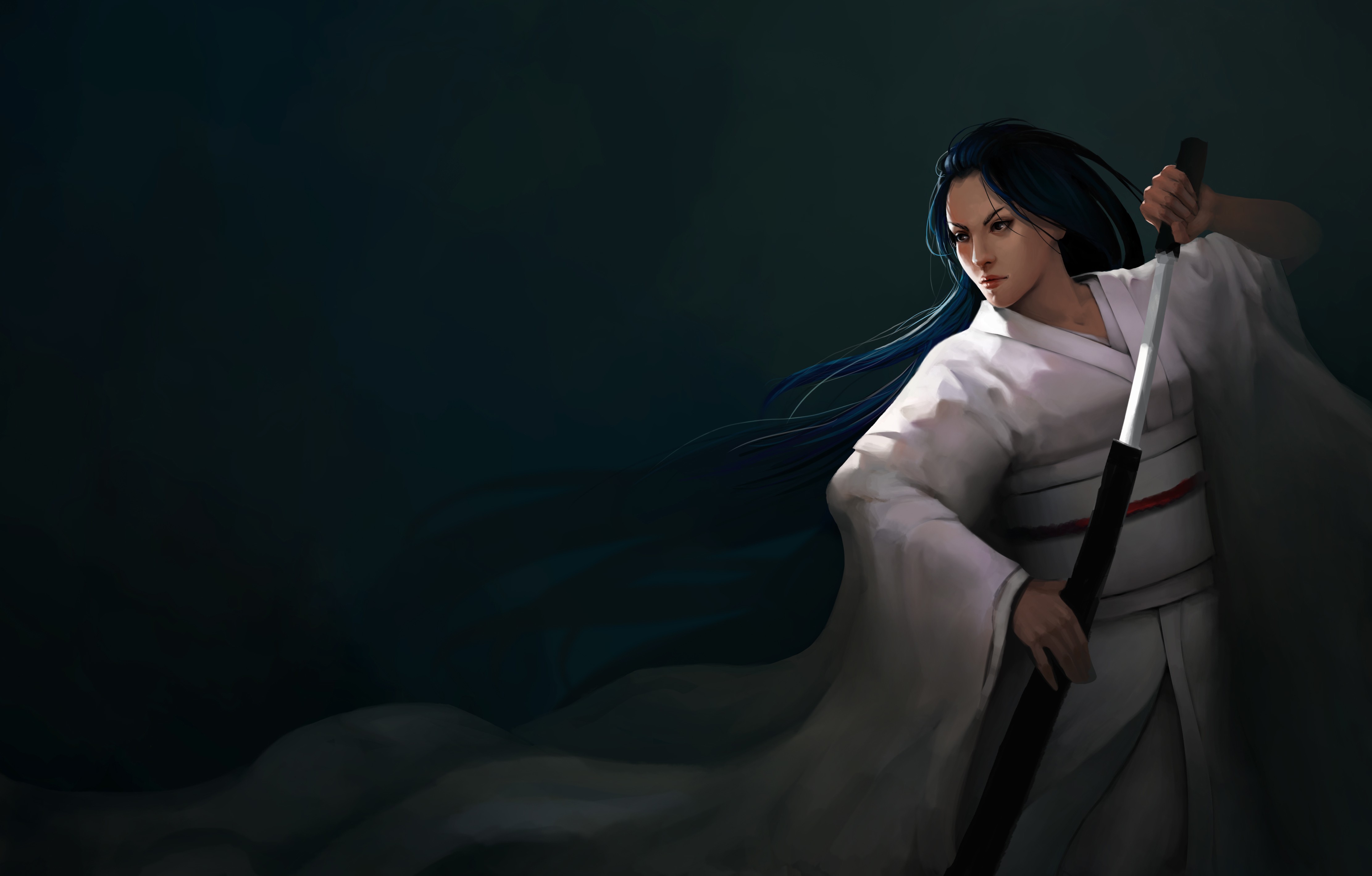 Woman in white kimono holding a sword HD Wallpaper